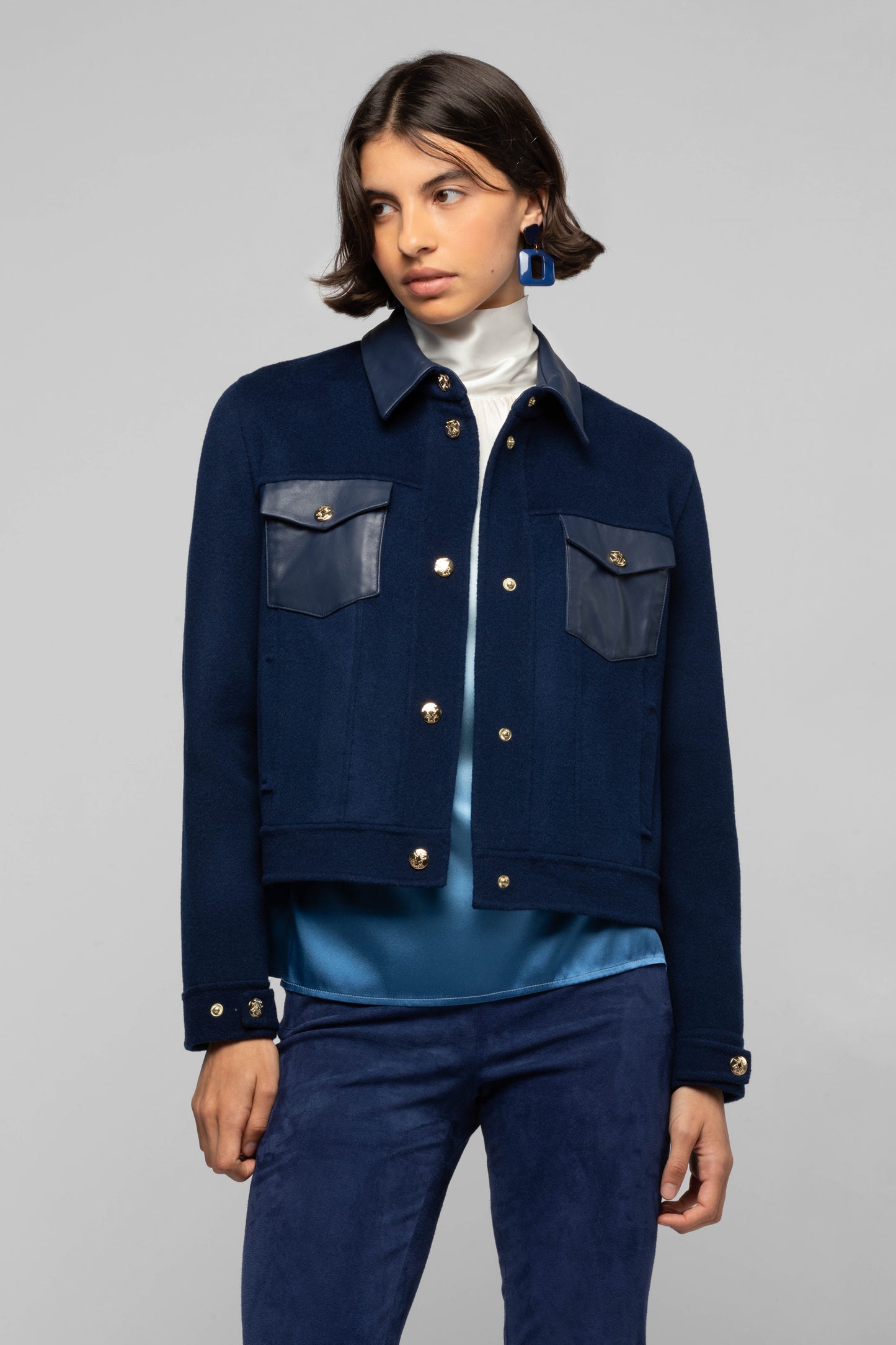 Veste Vamani bleu marine en laine et cuir mode femme luxe
