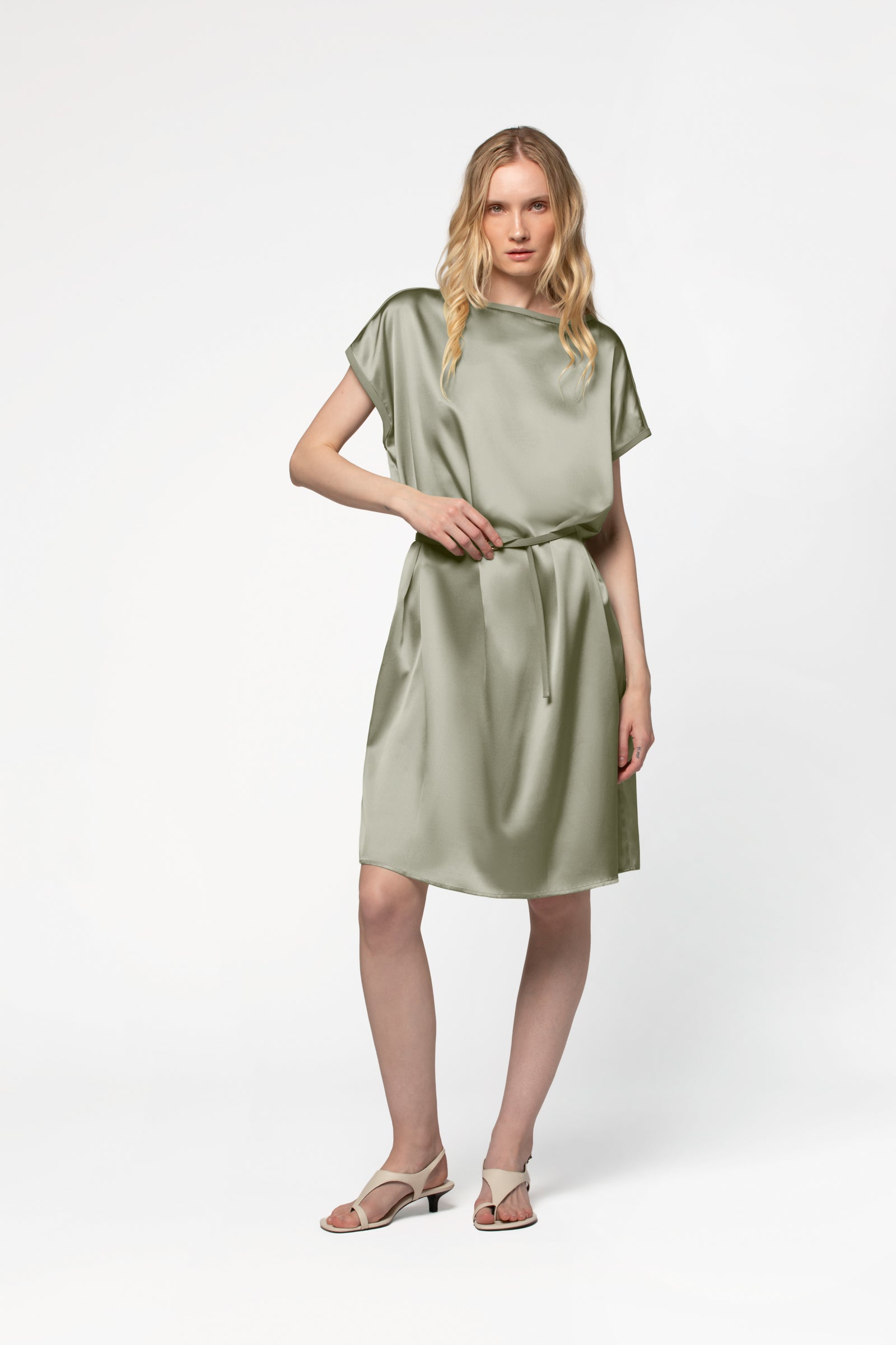 Silk Midi Dress with Leather Belt Khaki | Women's Luxury Fashion Maxemoi Silk Midi Dress with Leather Belt Khaki | Women's Luxury Fashion Maxemoi