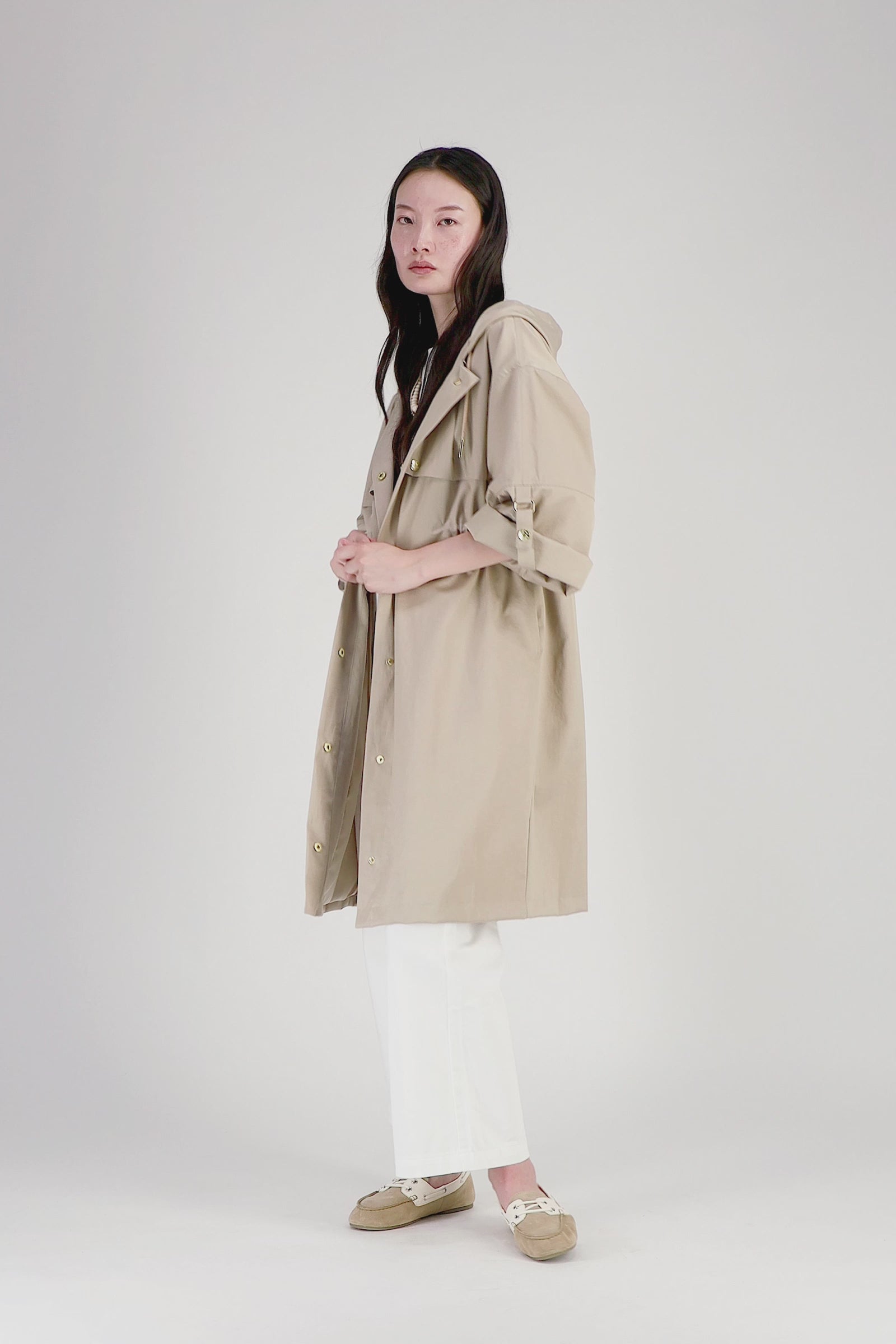 Women's Long Beige Cotton Hooded Trench Coat – VEDIO | MAX&MOI