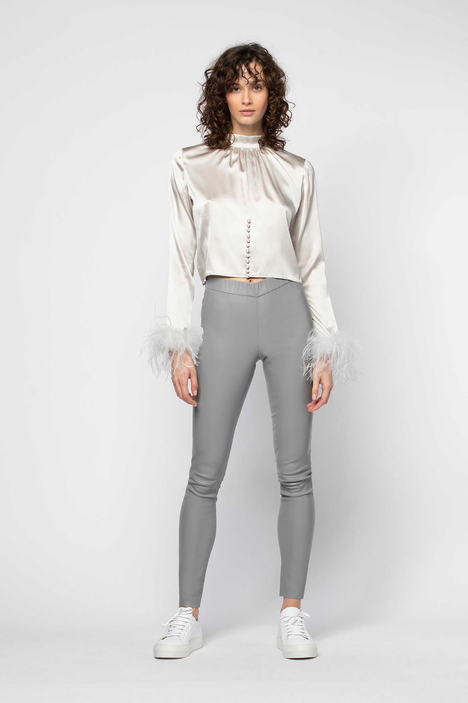 Pantalon PERLEGGING gris en cuir d'agneau coton haut de gamme MAX&MOI