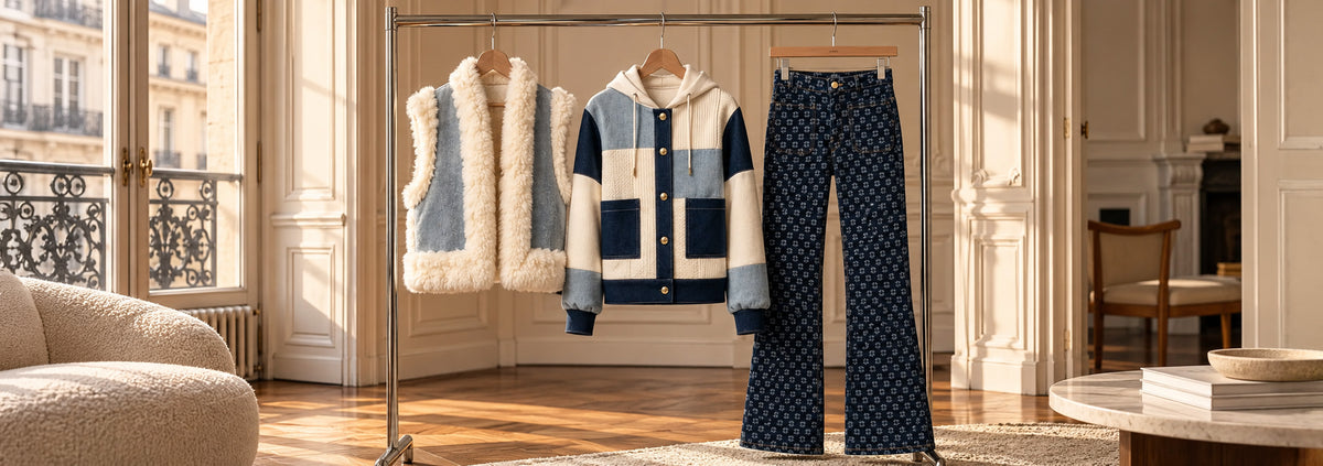 Vestes VERNON bleu ciel sans manches en denim et fausse fourrure écrue, veste à capuche VANCOUVER blanche associant maille texturée et denim bleu, et pantalon BELLE en denim foncé à monogramme, suspendus sur un portant dans un appartement parisien haussmannien chaleureux. Collection Automne-Hiver MAX&MOI.