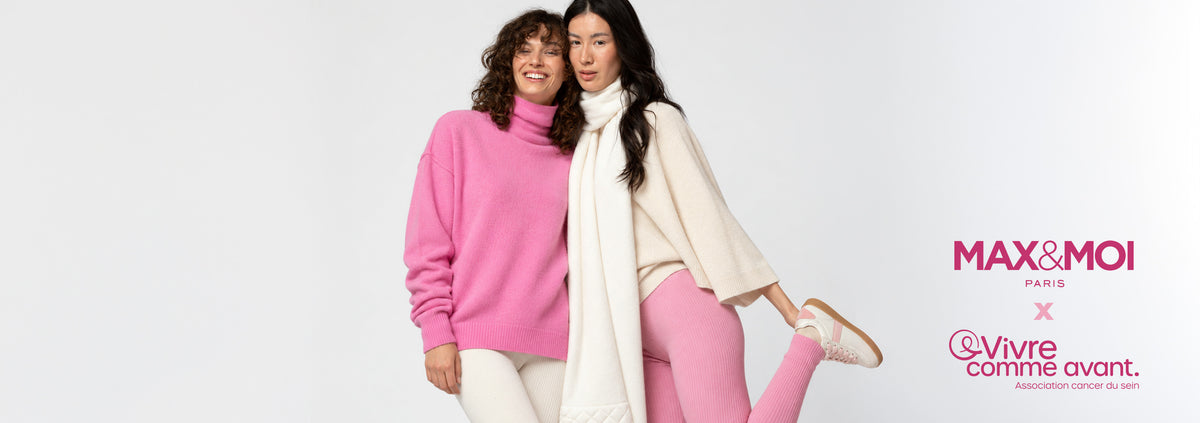 Octobre Rose 2026 – Deux femmes en silhouettes rose et blanc MAX&MOI pour soutenir l'association Vivre Comme Avant