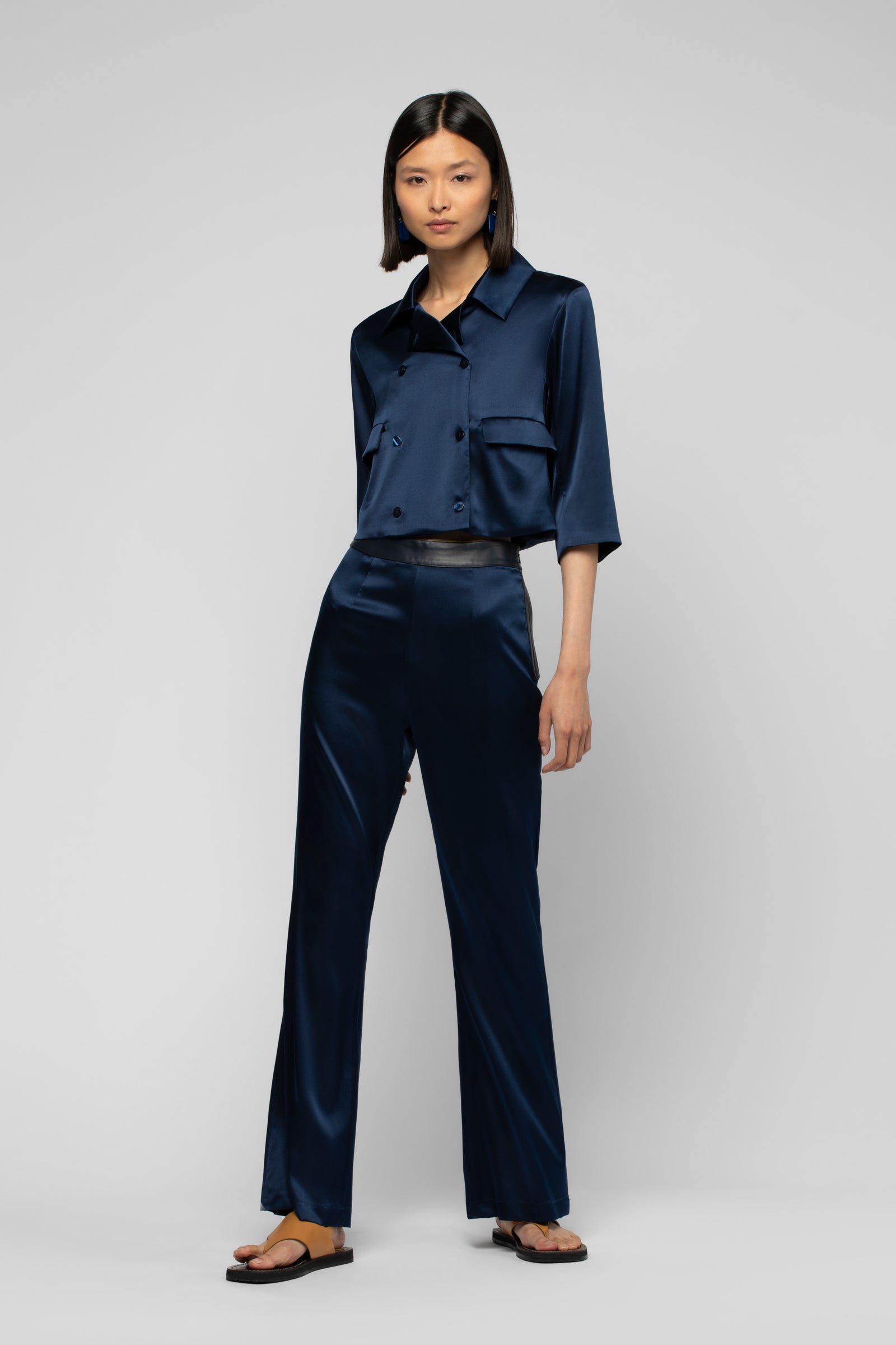 Bleu Marine Ensemble Satin Femme Pantalon Ensemble Gilet Pantalon