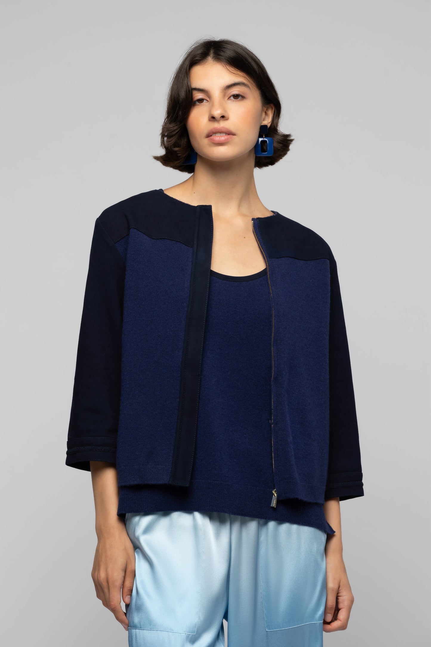 Gilet Gabella bleu marine en laine et cachemire mode femme luxe