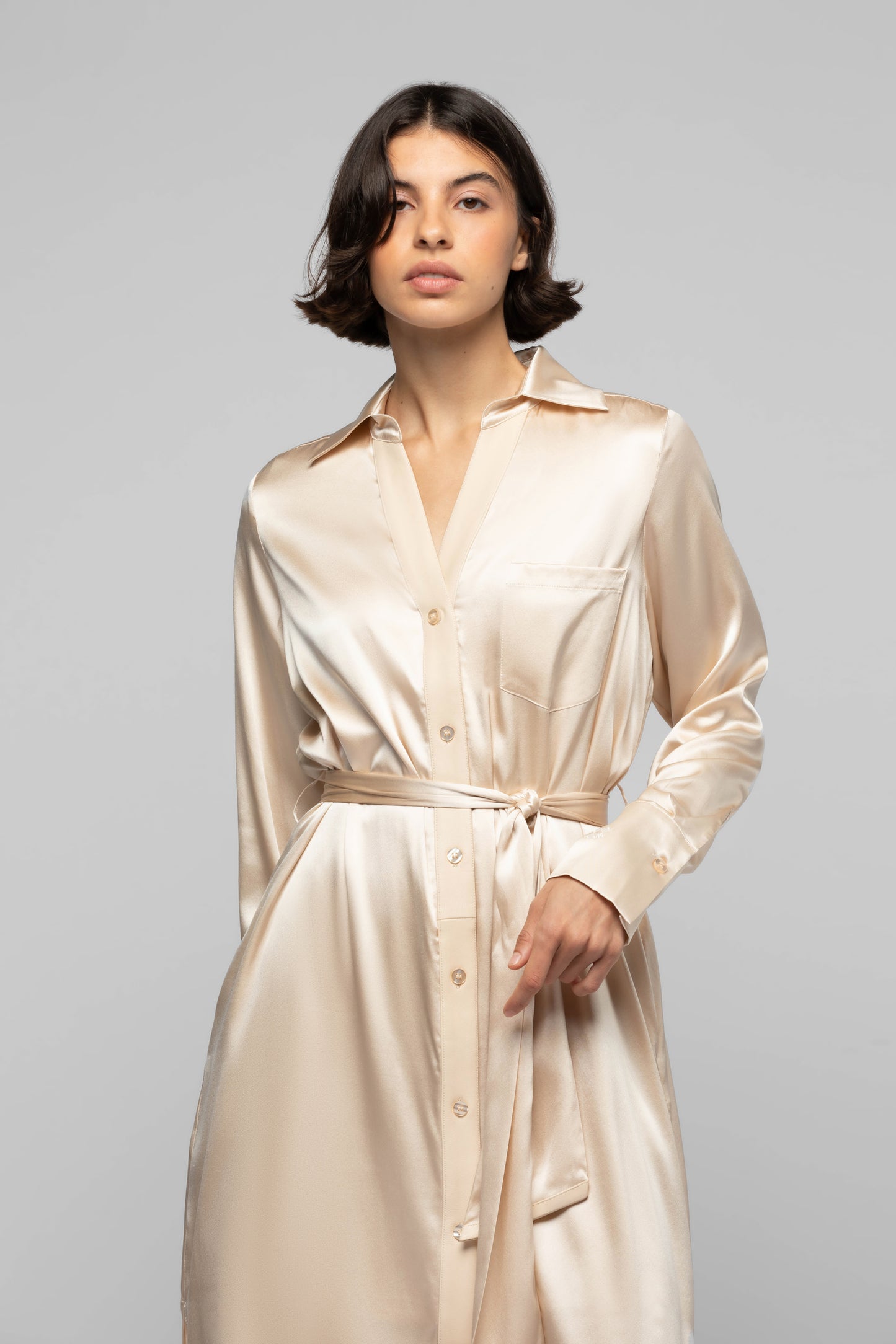 Robe Raesa beige en soie et cuir mode femme luxe