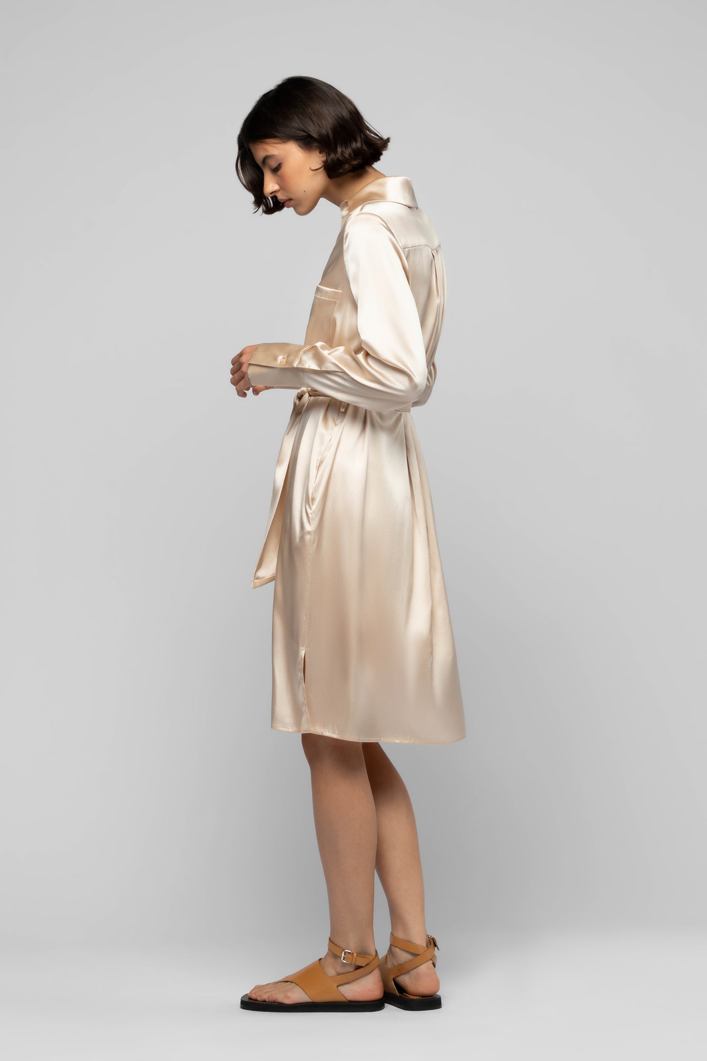 Robe Raesa beige en soie et cuir mode femme luxe