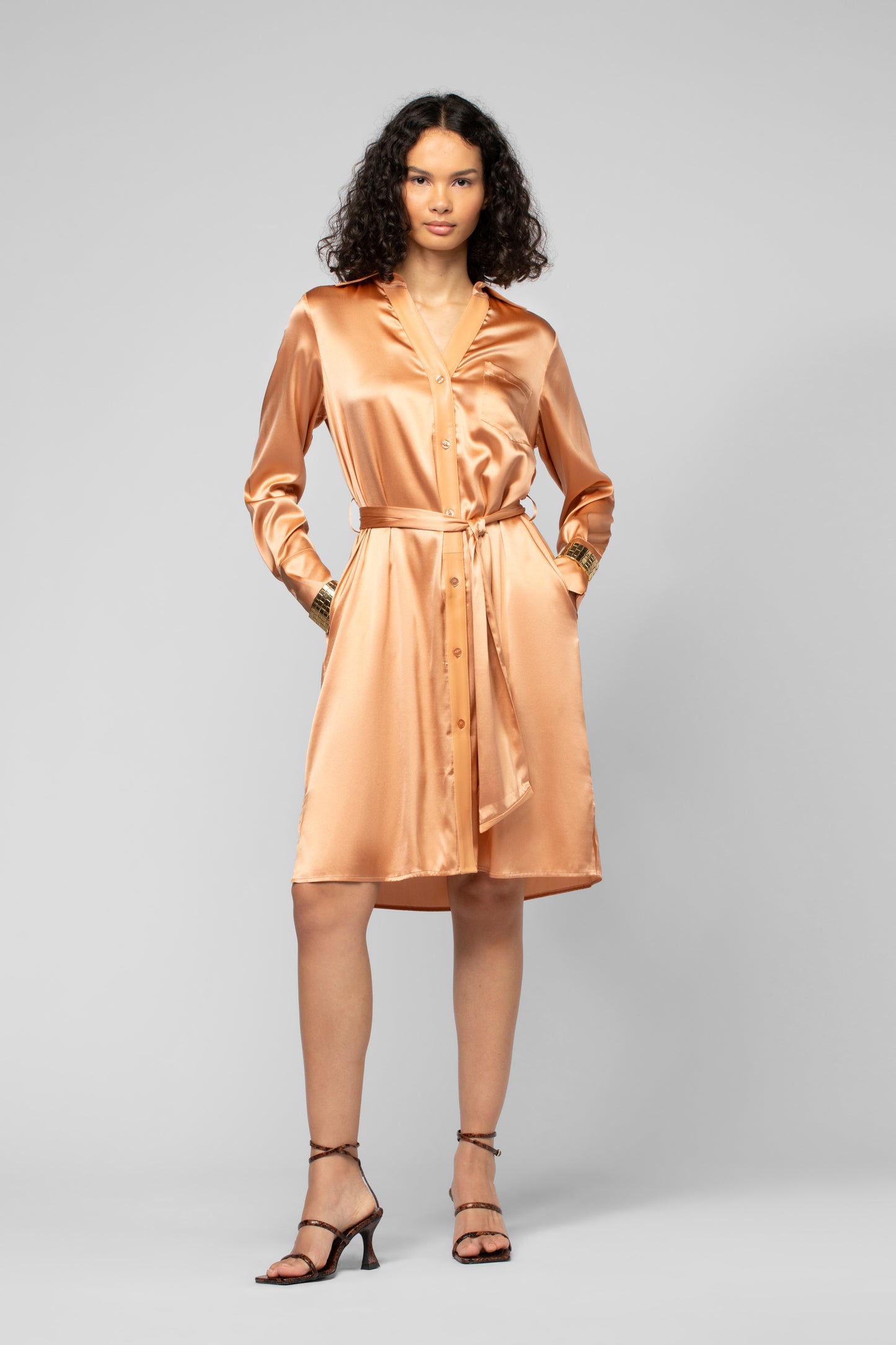 Robe Raesa camel en soie et cuir mode femme luxe