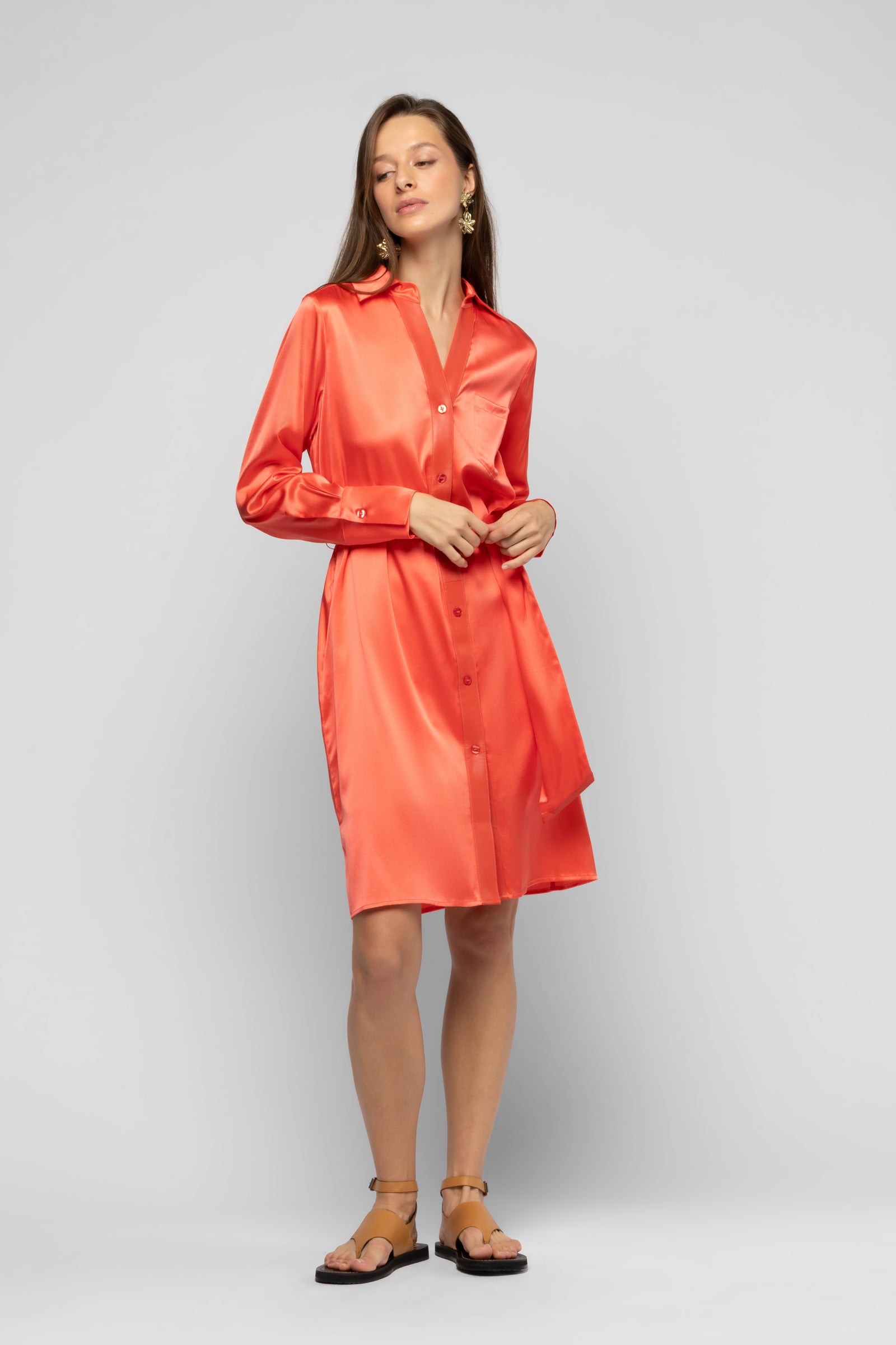 Robe Raesa corail en soie et cuir  mode femme luxe