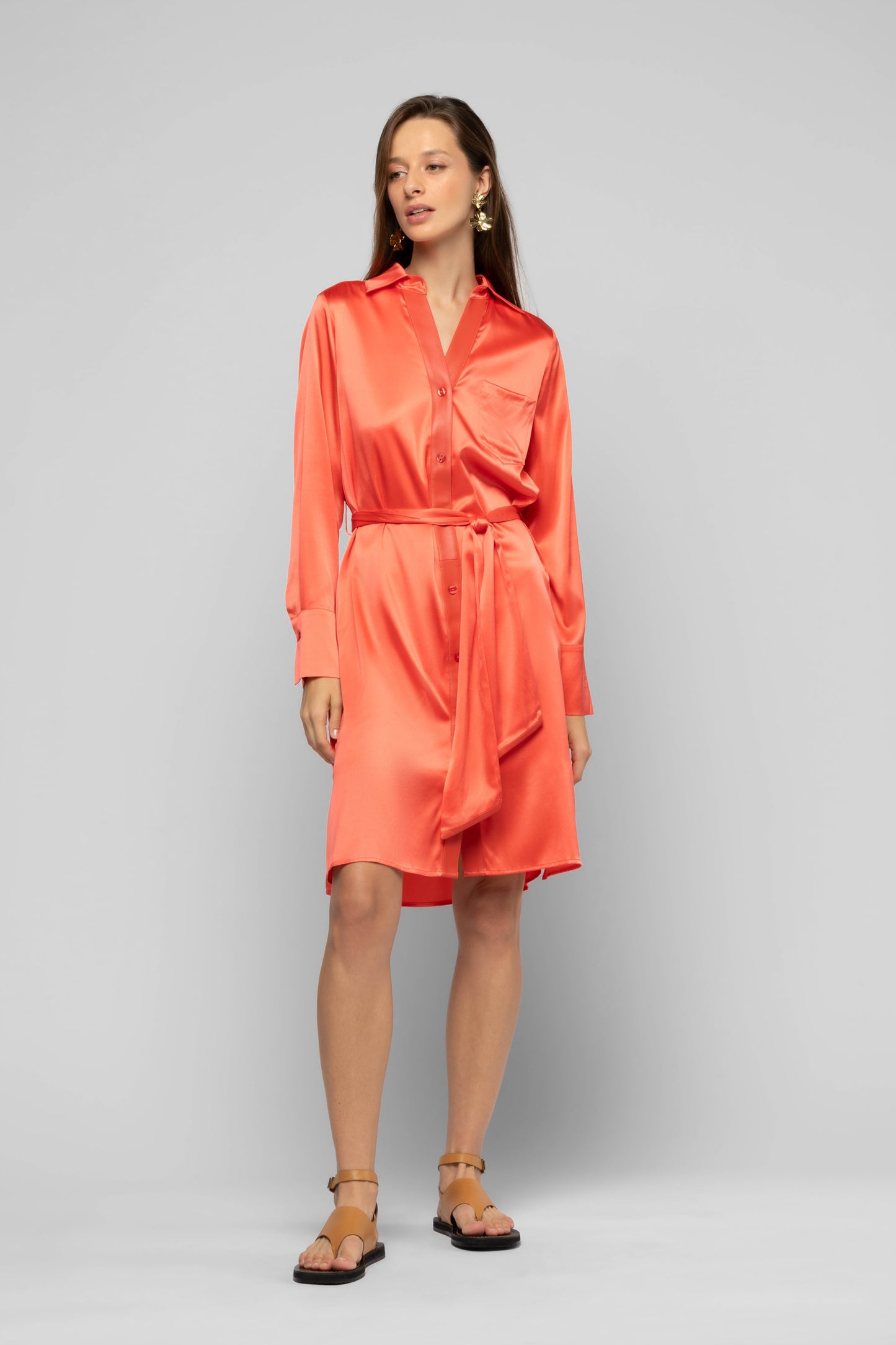 Robe Raesa corail en soie et cuir  mode femme luxe