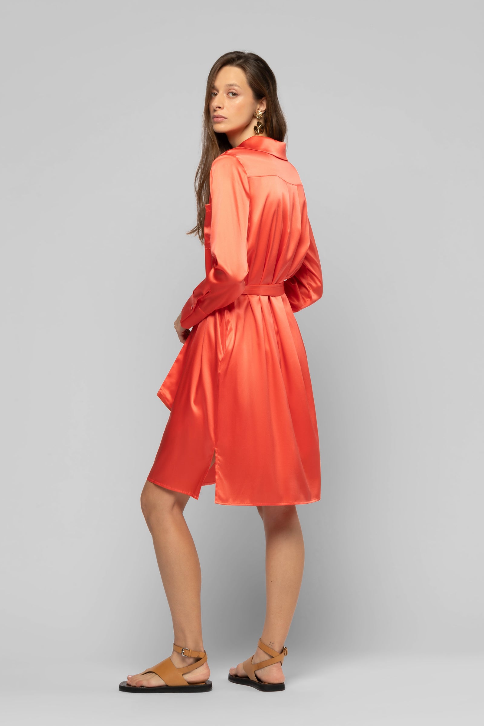 Robe Raesa corail en soie et cuir  mode femme luxe