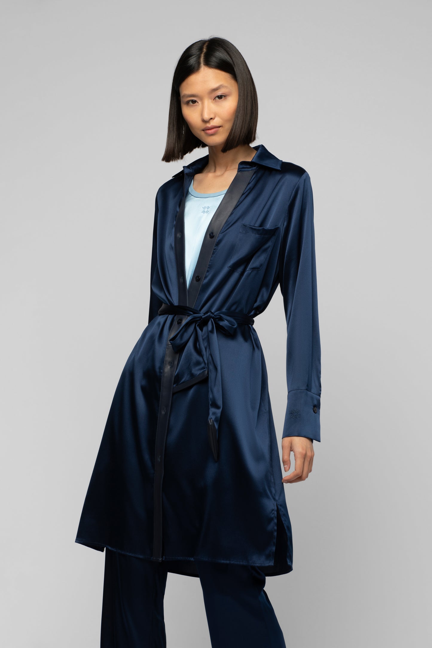 Robe Raesa bleu marine en soie et cuir mode femme luxe