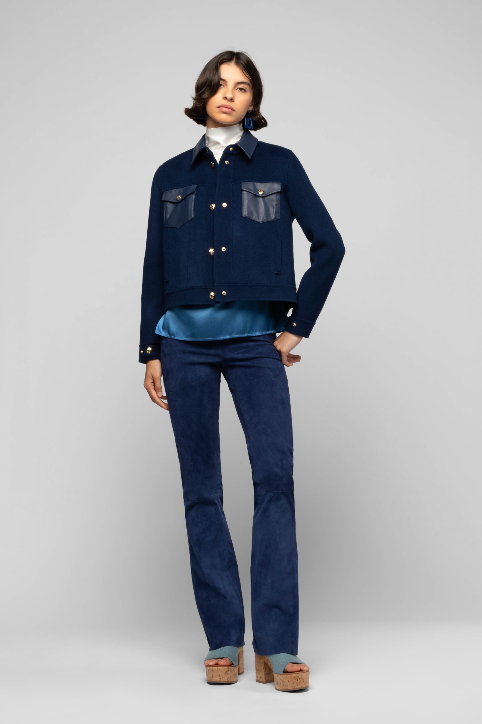 Veste Vamani bleu marine en laine et cuir mode femme luxe