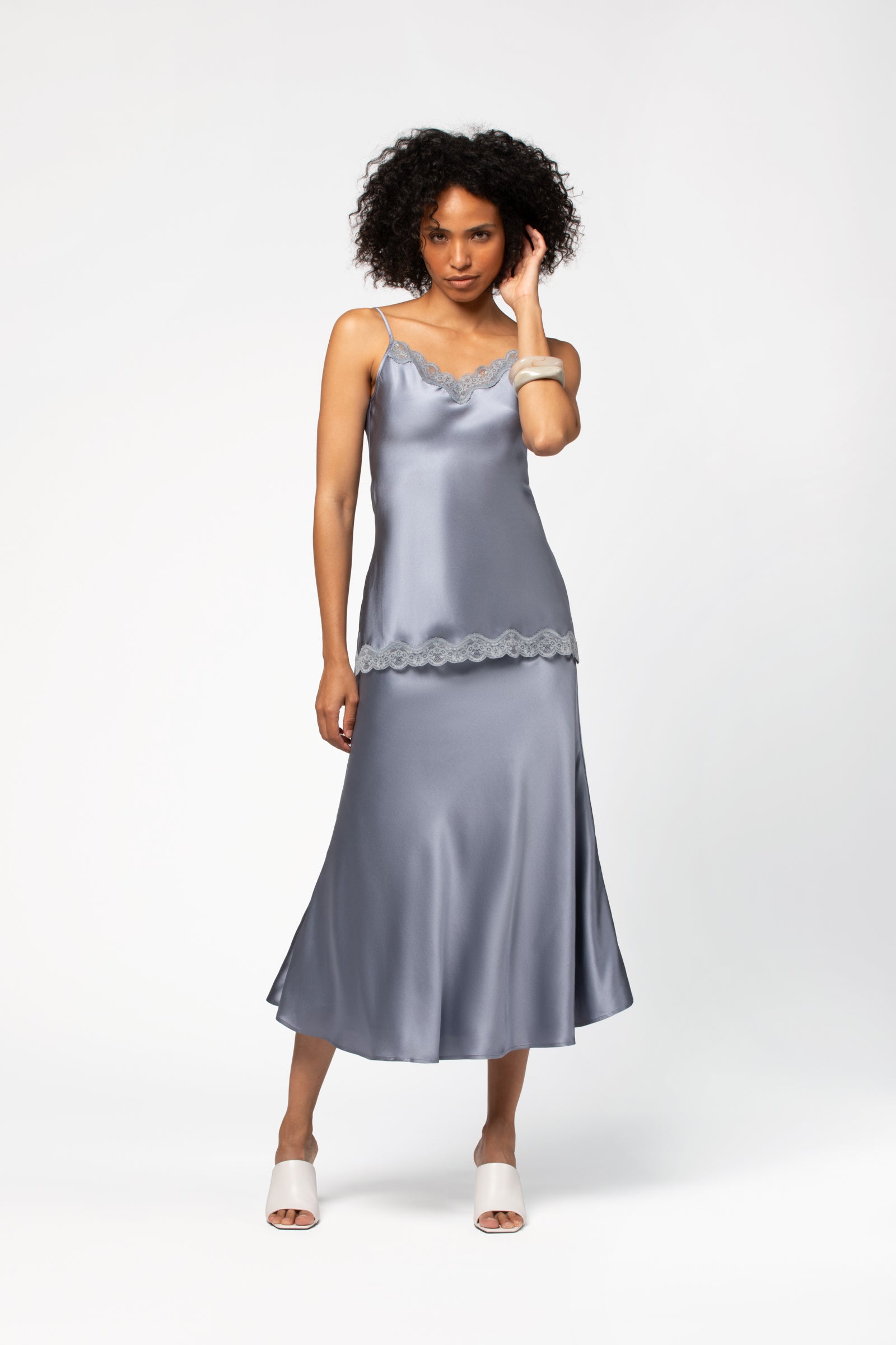 Blue silk midi skirt with flared cut – JAMILA | Luxury Women's
