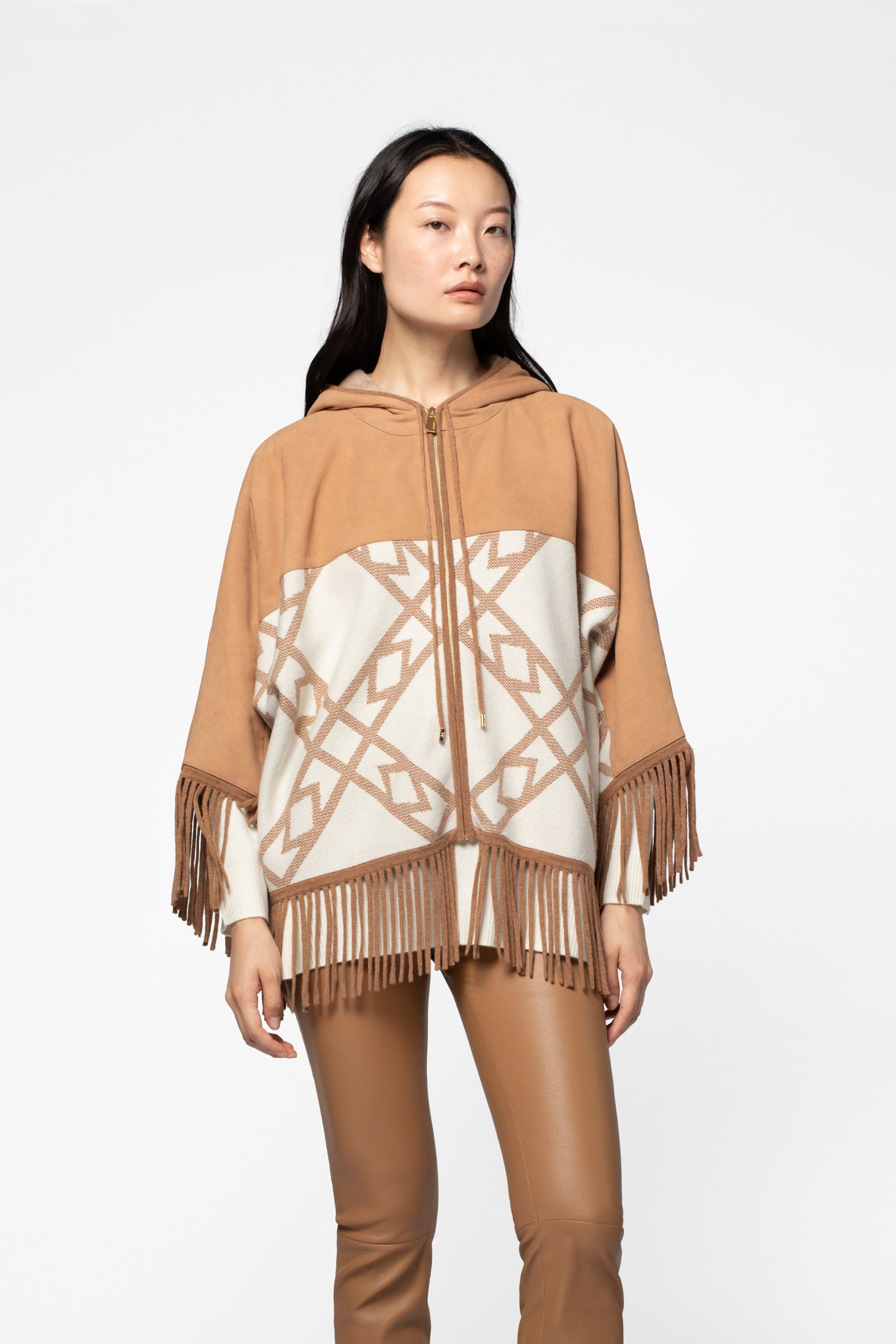 Relaxed-fit camel wool and cashmere poncho with suede | Women's