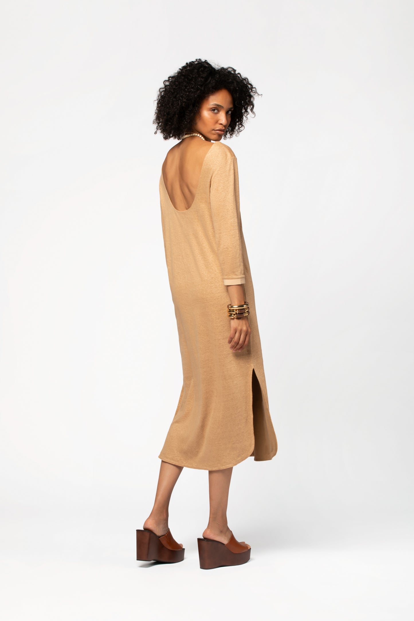 Robe lin femme manches 3/4 et col rond MAX&MOI marron camel