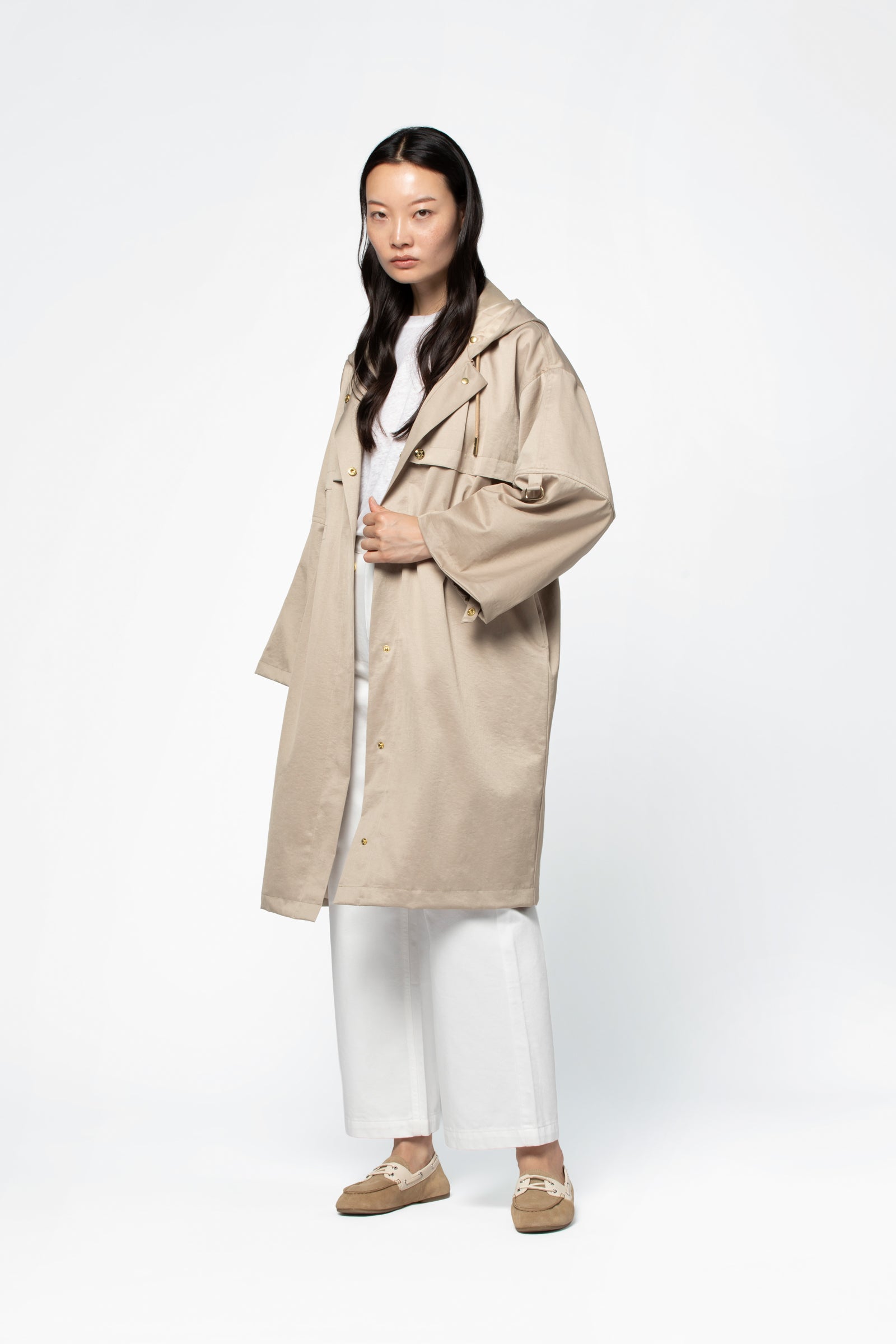 Women's Long Beige Cotton Hooded Trench Coat – VEDIO | MAX&MOI