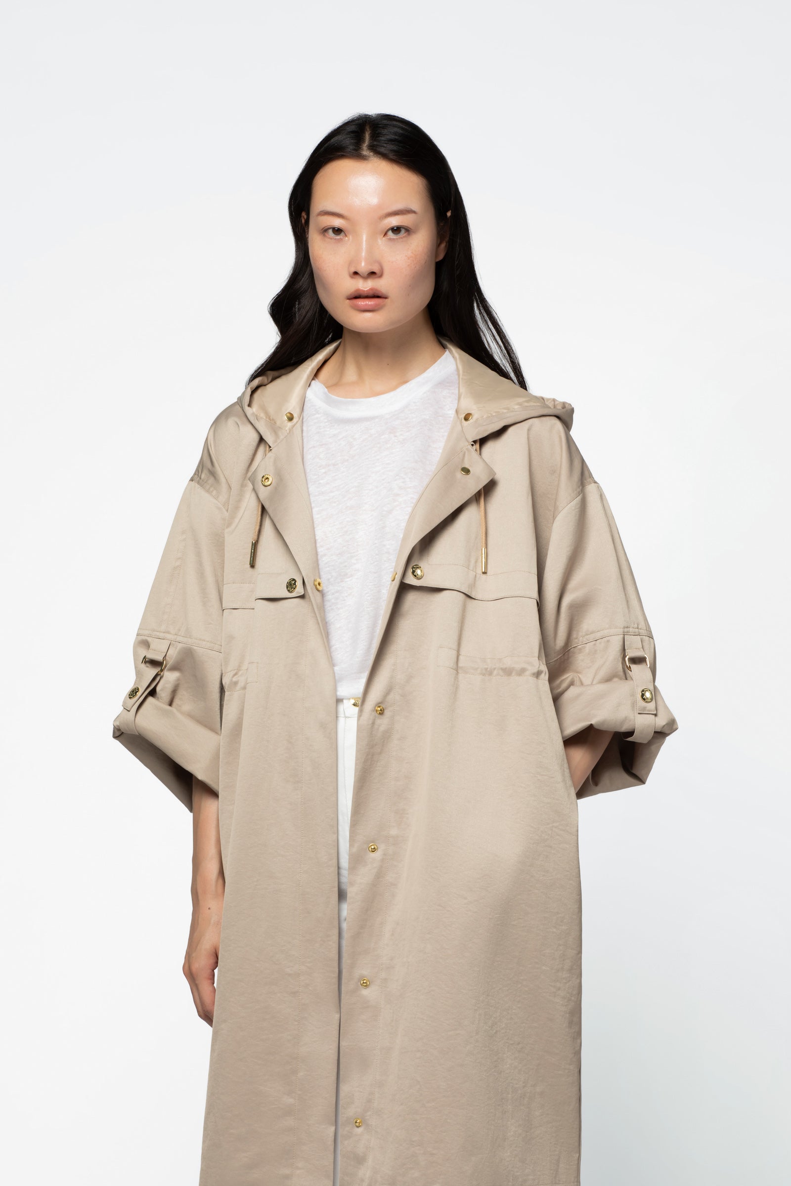 Women's Long Beige Cotton Hooded Trench Coat – VEDIO | MAX&MOI