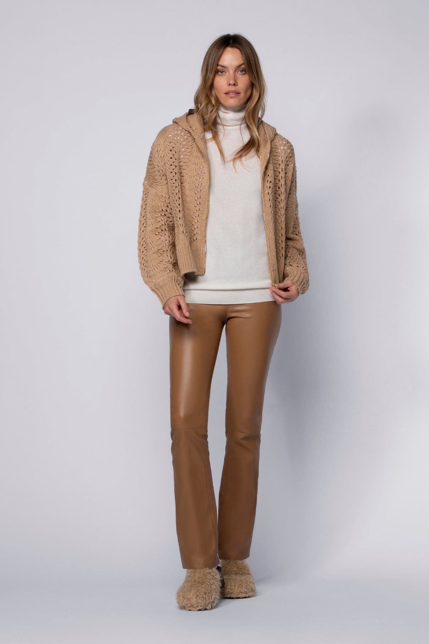 Pantalon BEYINA camel en cuir d'agneau haut de gamme MAX&MOI