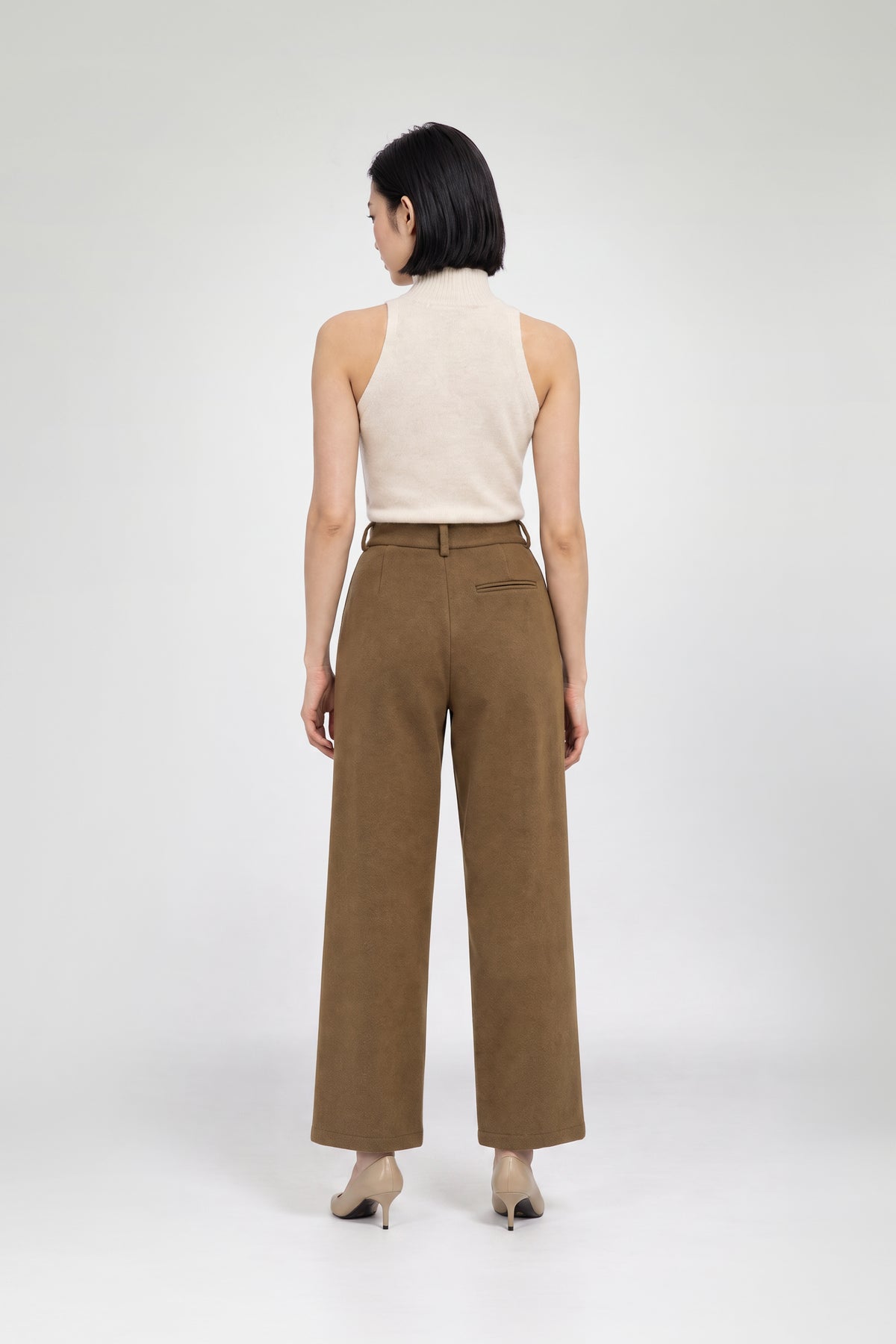 Pantalon camel laine double face femme luxe avec taille haute et coupe ample MAX&MOI
