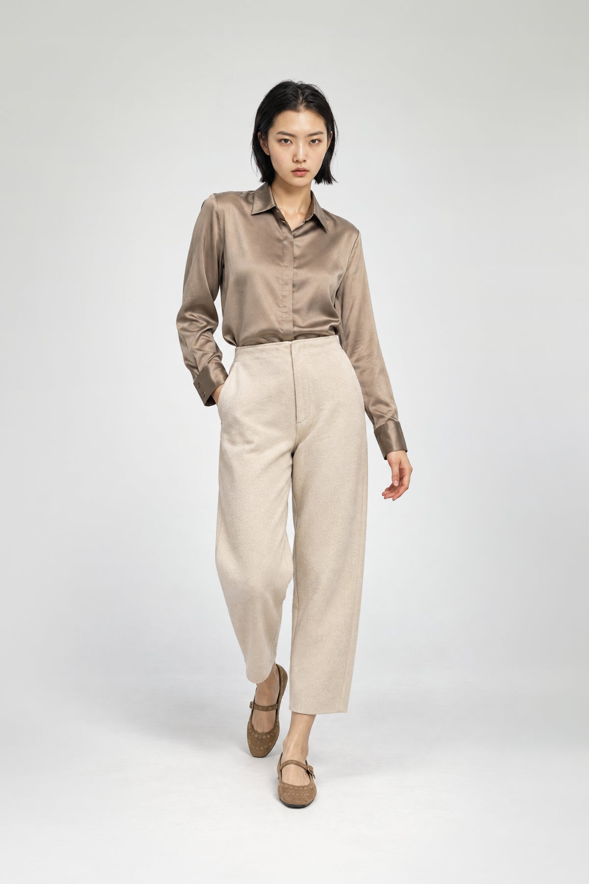 Pantalon laine double face femme mode luxe MAX&MOI coloris beige modèle BLAISE