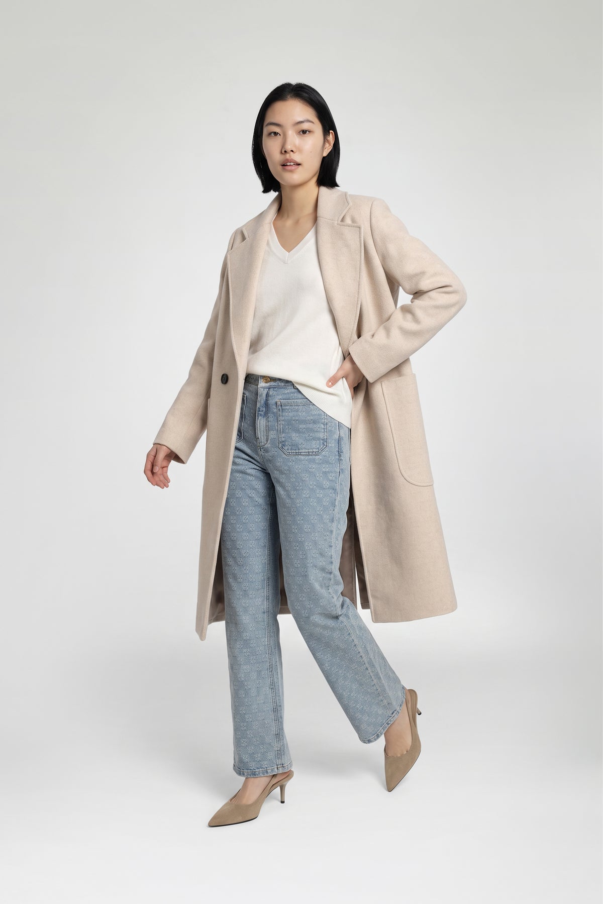 Manteau long beige femme laine silhouette office MAX&MOI