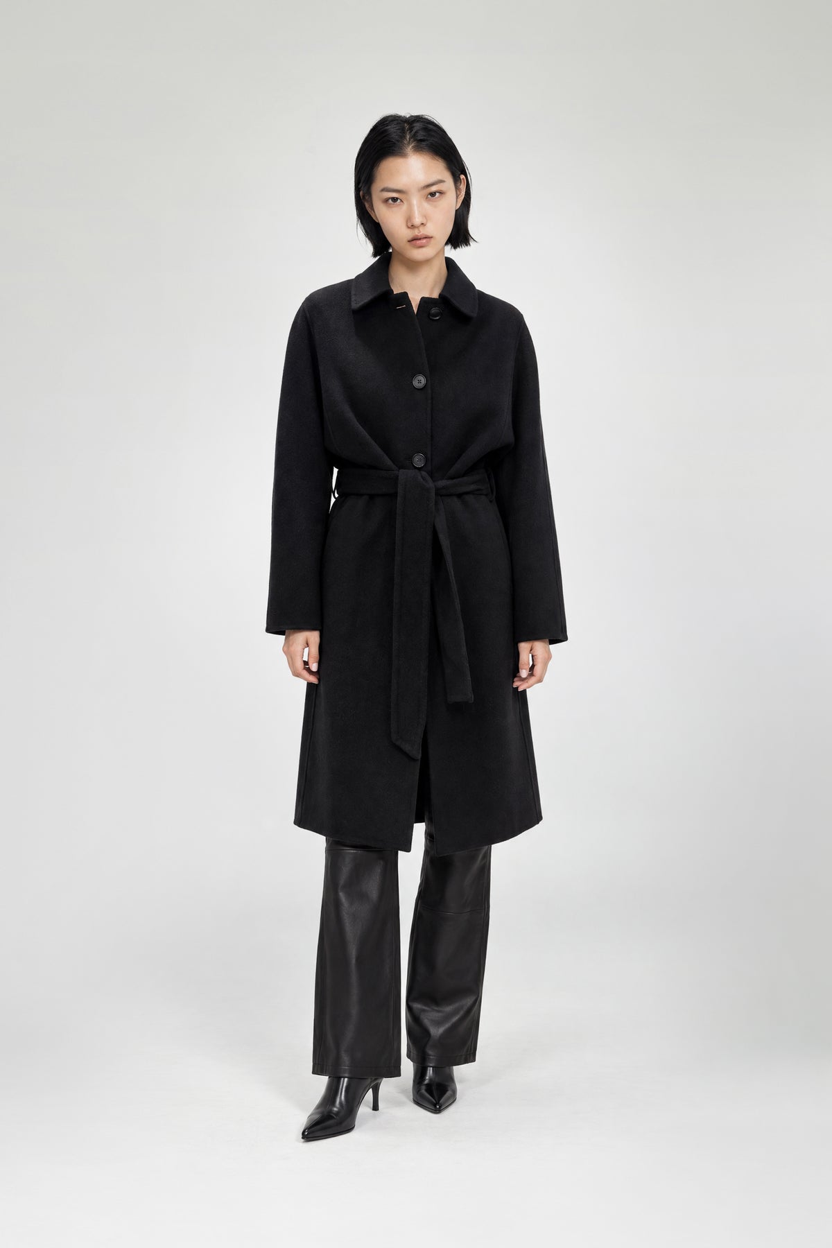 Manteau noir chameau double face femme luxe avec col revers et coupe droite longue MAX&MOI