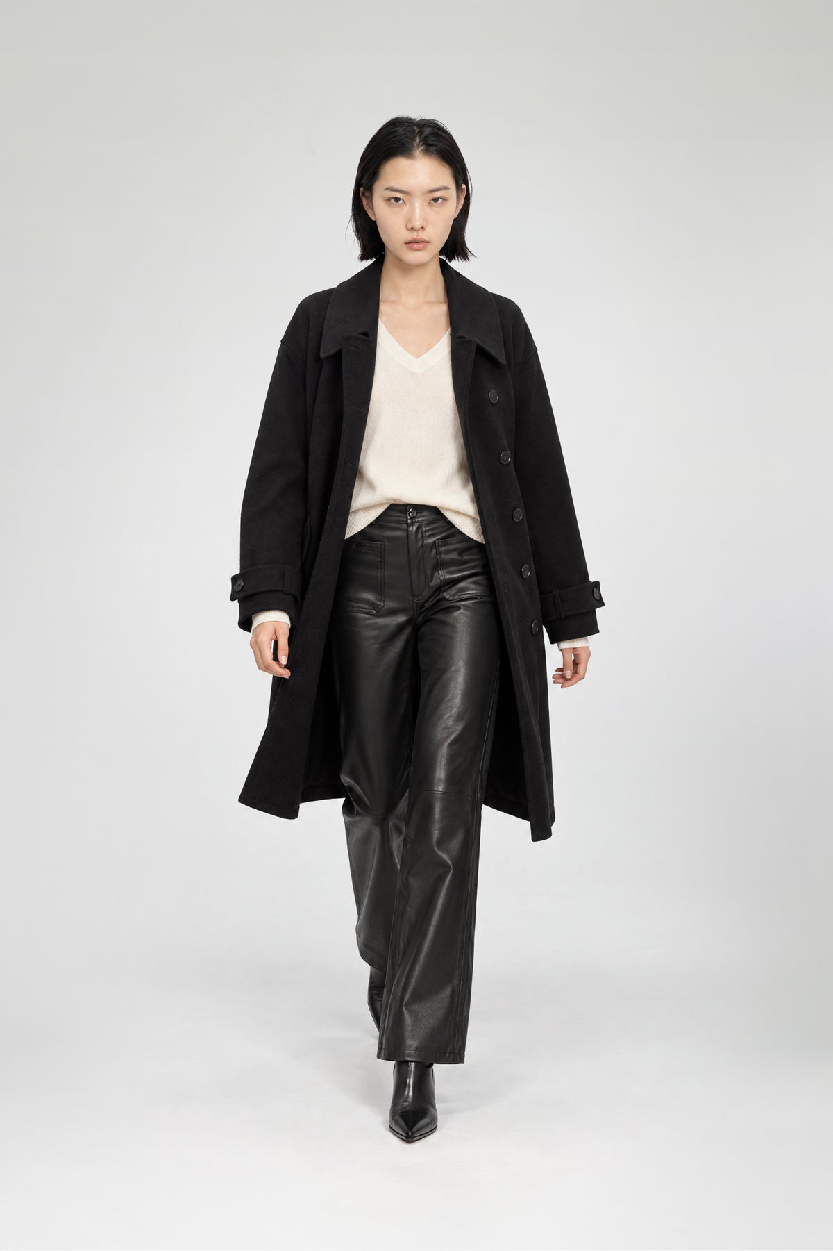 Manteau long noir femme laine et chameau silhouette chic MAX&MOI