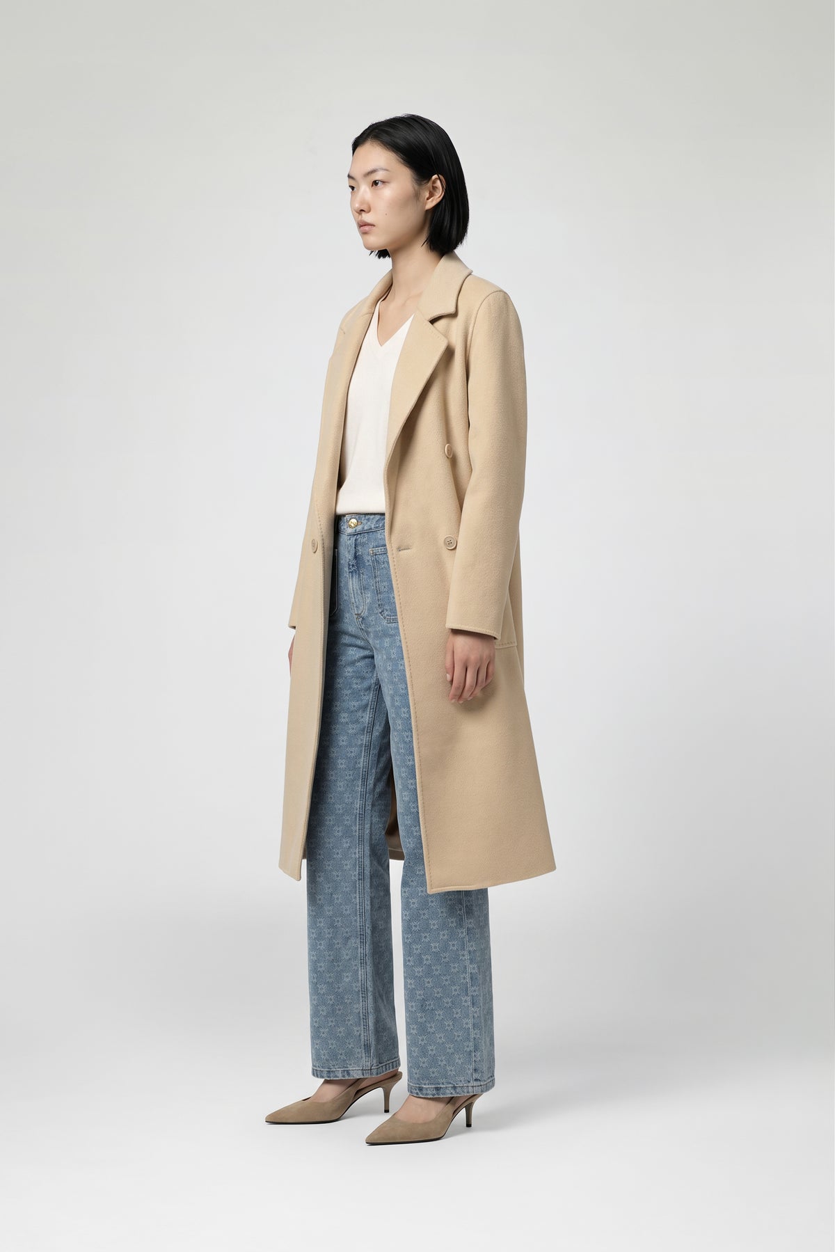 Manteau beige laine double face et chameau femme luxe avec col tailleur et coupe droite longue MAX&MOI