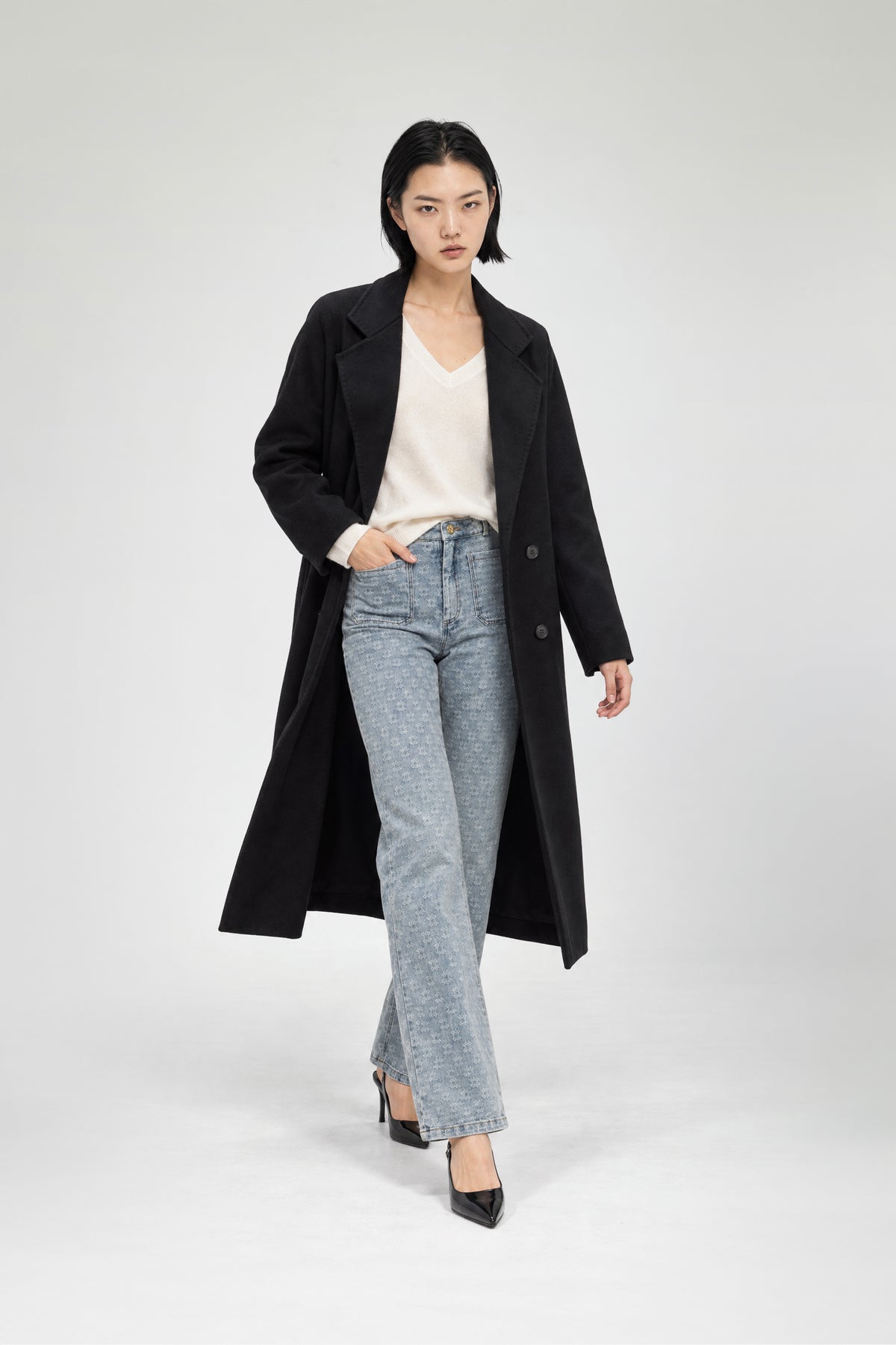 Manteau long laine double face femme mode luxe MAX&MOI coloris noir modèle MILENA