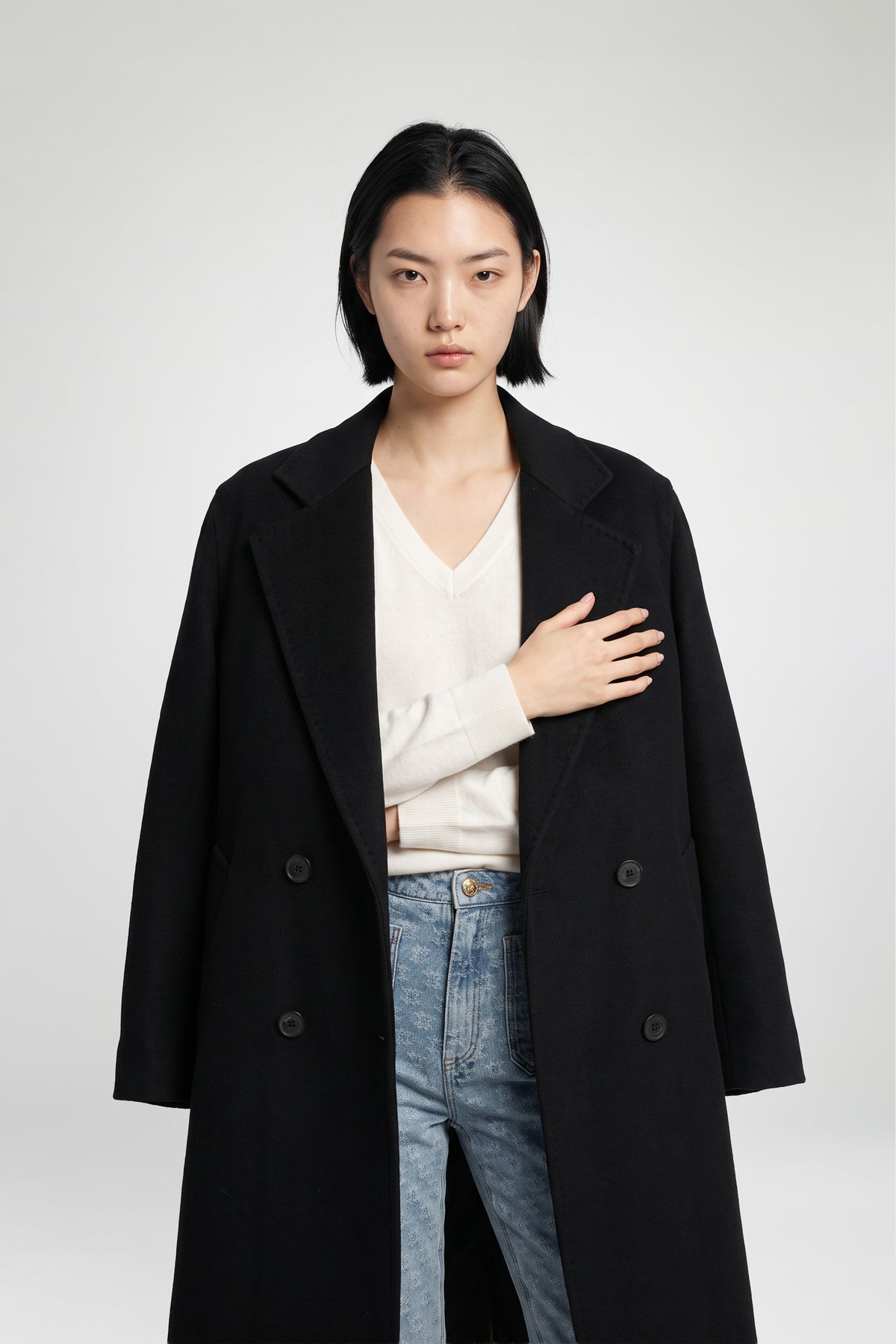 Manteau long noir femme laine et cachemire silhouette intemporelle MAX&MOI