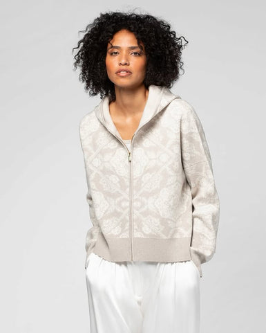 Gilet en cachemire femme avec capuche et maille jacquard MAX&MOI coloris taupe et blanc