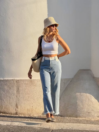 Jean denim en coton MAX&MOI avec ceinture en tweed mode luxe