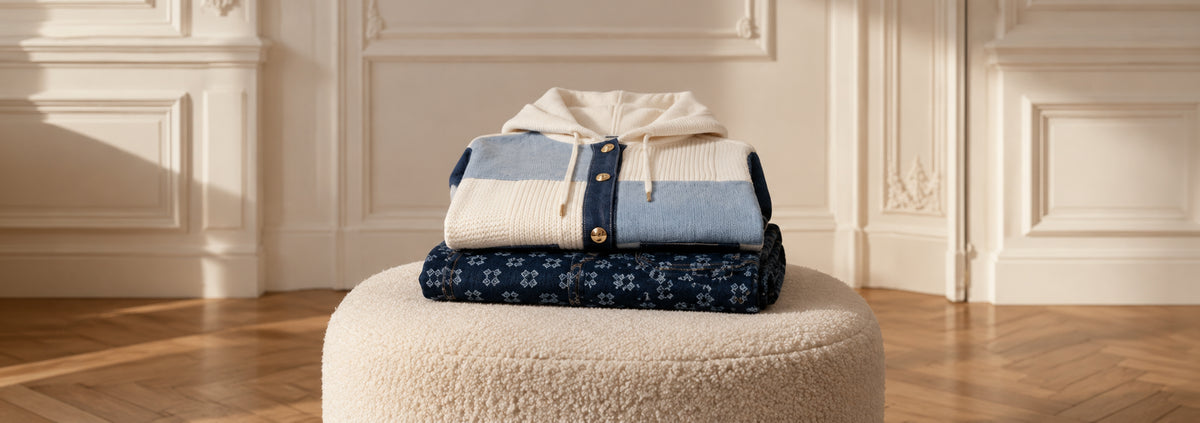 Pièces en denim et denim et maille MAX&MOI pliées dans différentes nuances de bleu.