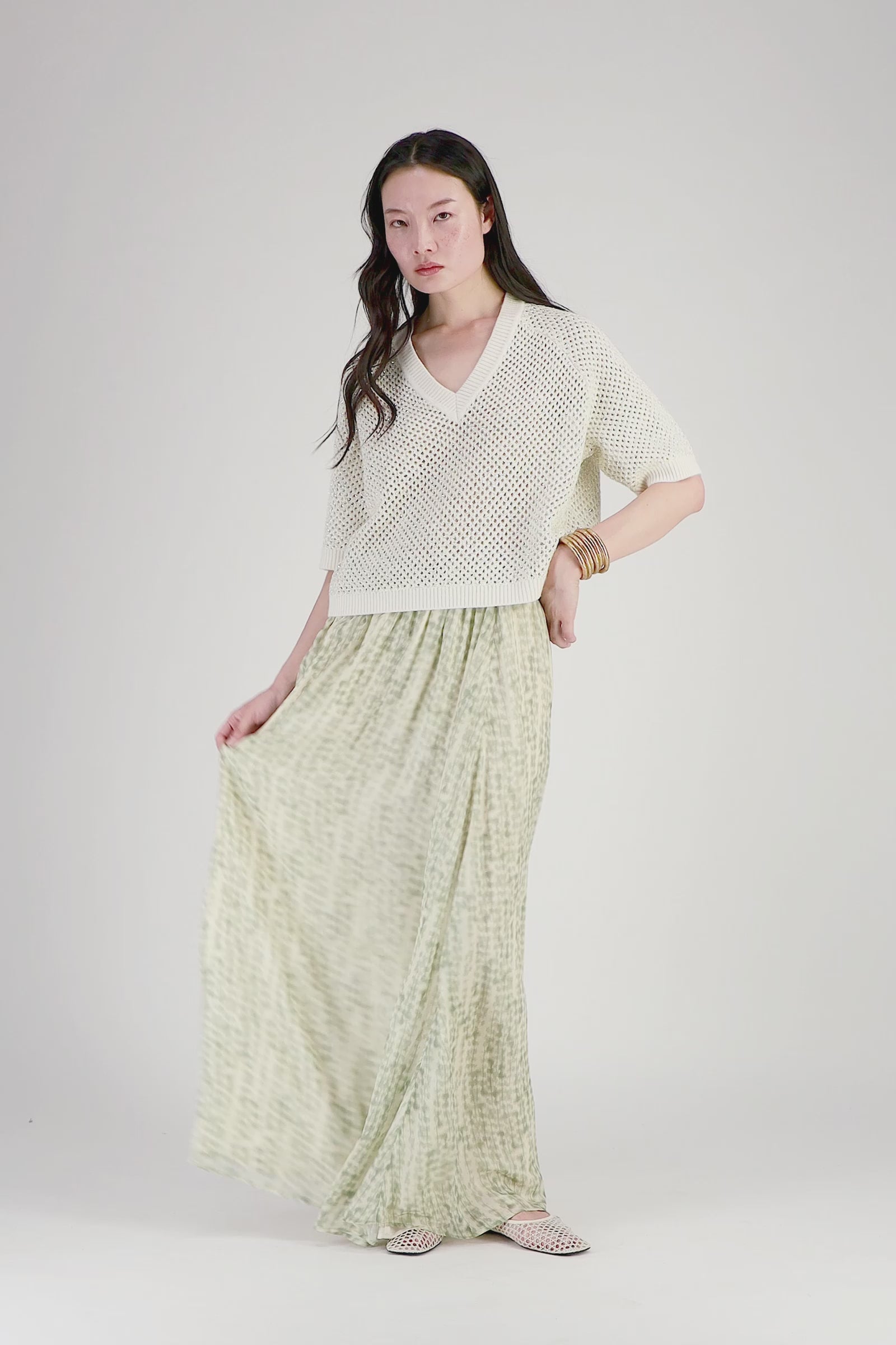 Jupe longue viscose imprimé vert finitions luxe MAX&MOI