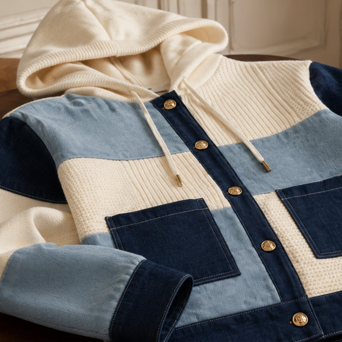 Détail de la veste VANCOUVER MAX&MOI associant maille écrue texturée et denim bleu, soulignés par des boutons dorés. Collection Automne-Hiver MAX&MOI.