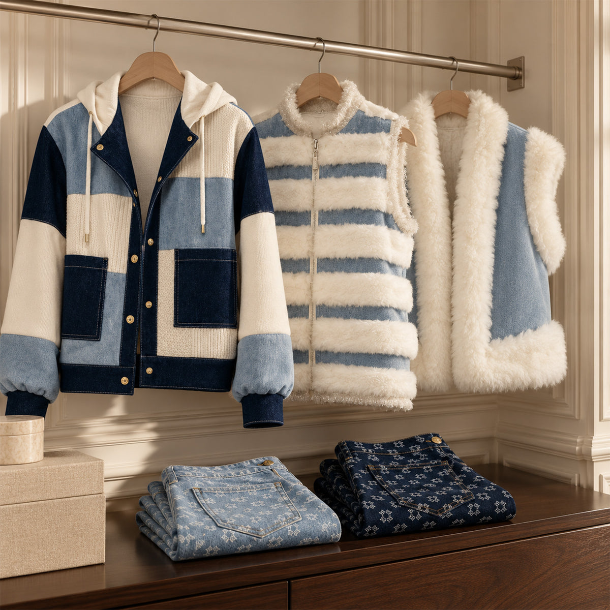 Vestes VANCOUVER, VERNON et GOYA MAX&MOI associant denim, maille et fausse fourrure, accompagnées des jeans BELLE en denim bleu clair et bleu foncé. Collection Automne-Hiver MAX&MOI.