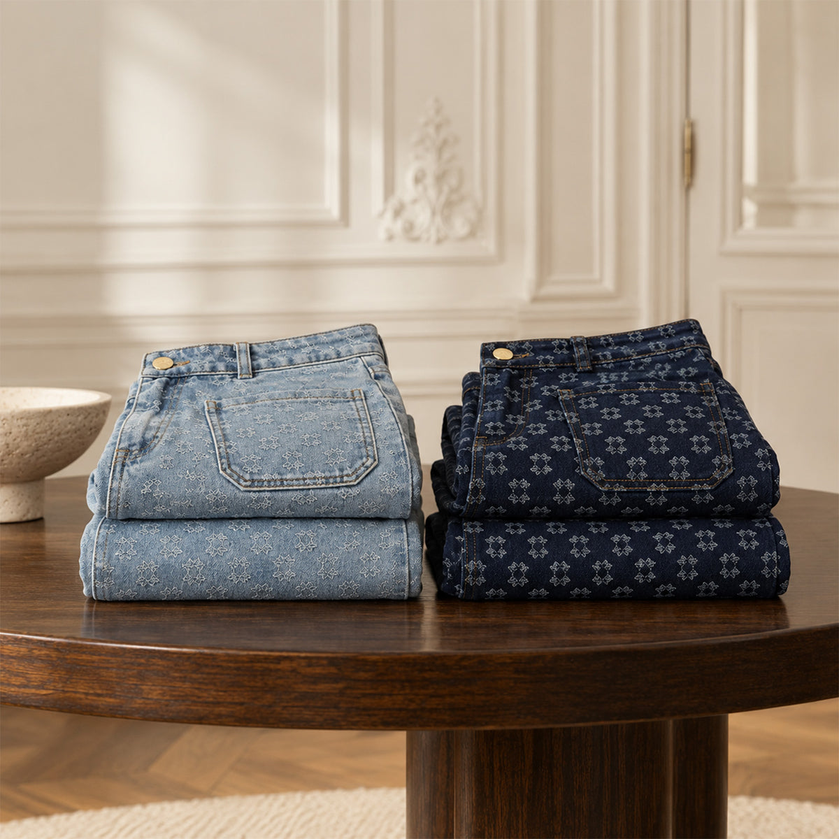 Jeans BELLE MAX&MOI en denim à monogramme, déclinés en bleu clair et bleu foncé. Collection Automne-Hiver MAX&MOI.