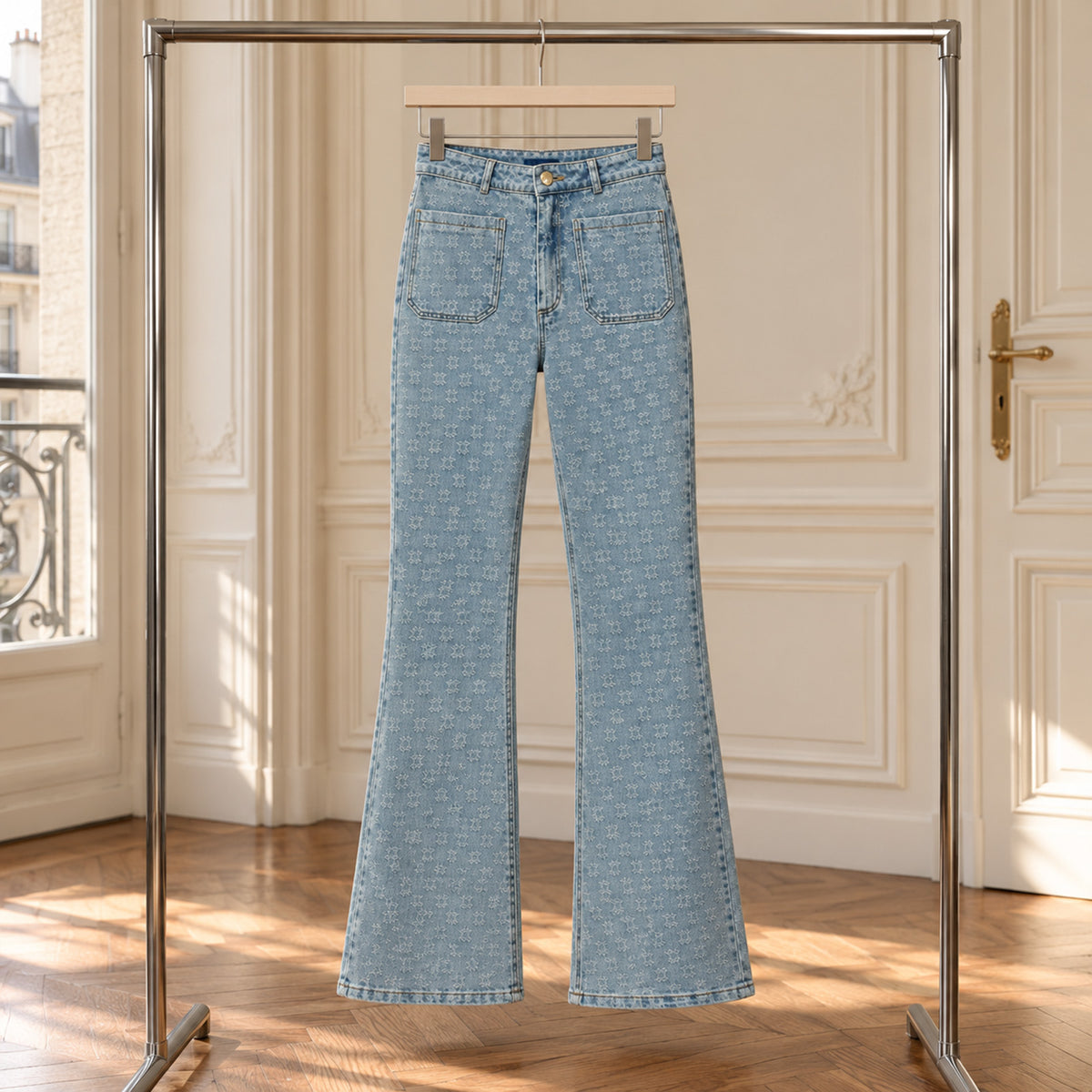 Jean flare BELLE MAX&MOI en denim bleu clair avec le monogramme de la Maison tissé en jacquard. Collection Automne-Hiver MAX&MOI.
