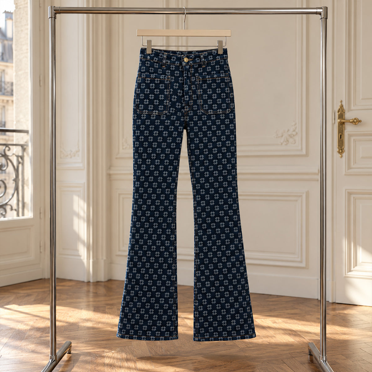 Jean flare BELLE MAX&MOI en denim bleu foncé avec le monogramme de la Maison tissé en jacquard. Collection Automne-Hiver MAX&MOI.