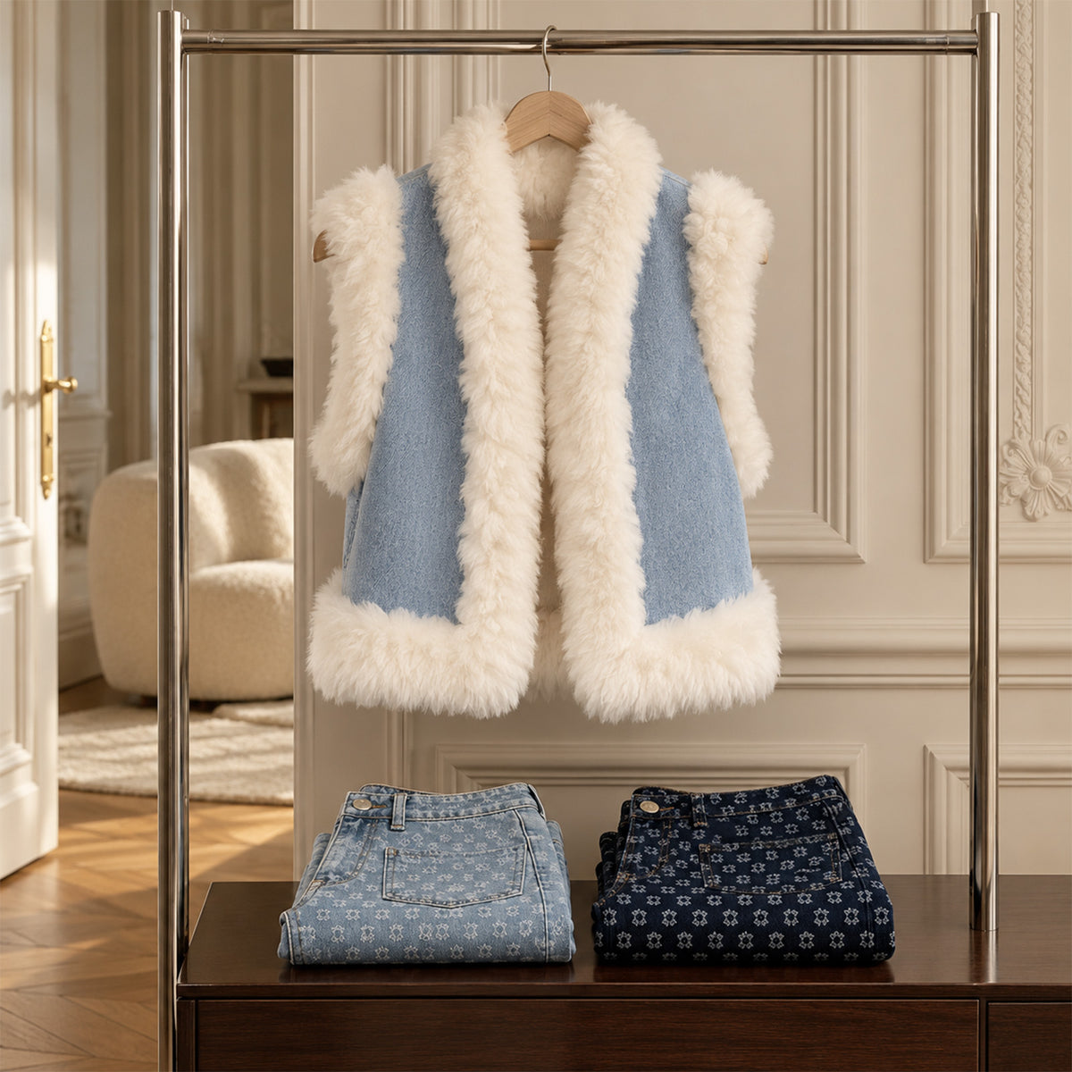 Veste VERNON MAX&MOI associant denim bleu et fausse fourrure écrue, accompagnée des jeans BELLE à monogramme en denim bleu clair et bleu foncé. Collection Automne-Hiver MAX&MOI.