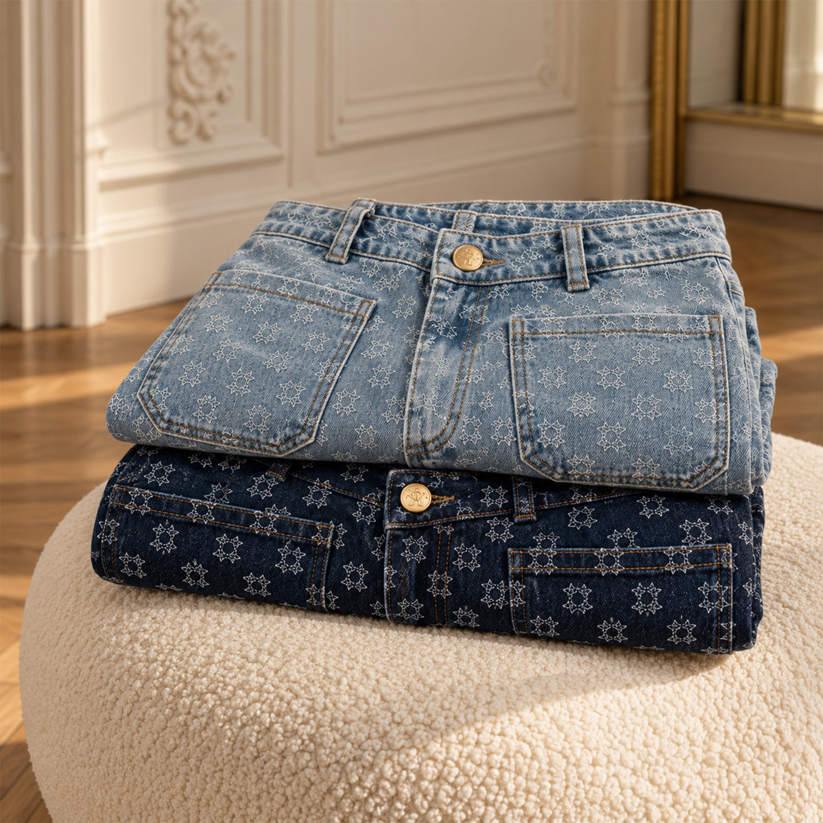 Jeans BELLE MAX&MOI en denim à monogramme, déclinés en bleu clair et bleu foncé. Collection Automne-Hiver MAX&MOI.