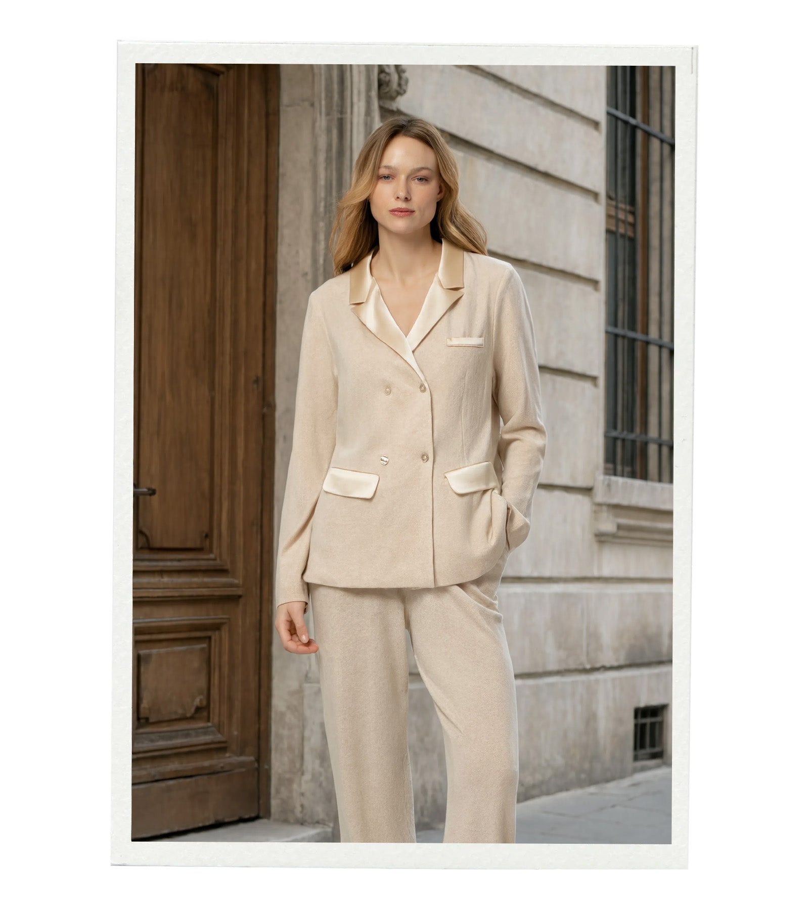 Veste tailleur JAJA beige en laine et cachemire et détails en soie MAX&MOI