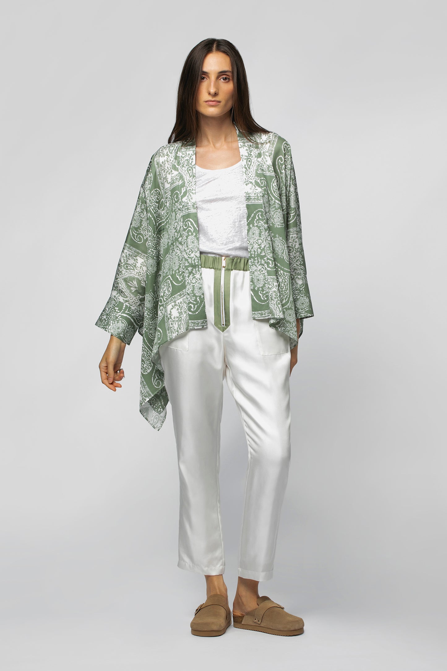 Kimono LAONIE Viscose Amande et Blanc haut de gamme femme MAX&MOI