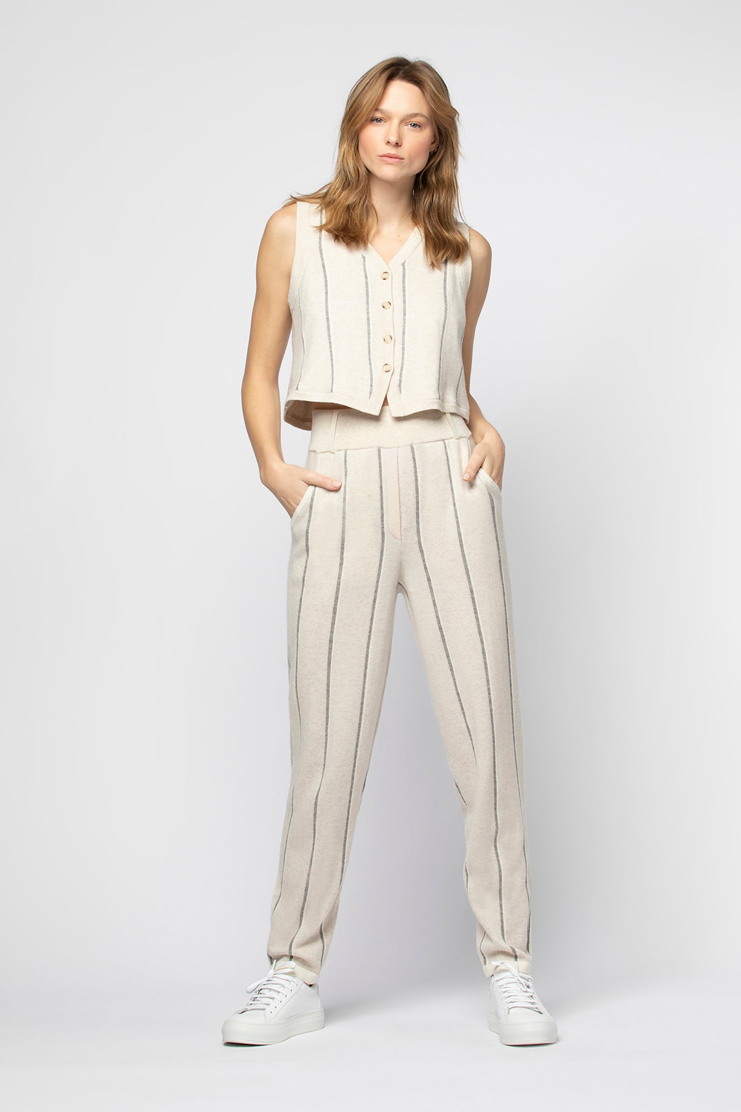 Pantalon BAXTER grège & blanc Laine Cachemire haut de gamme femme MAX&MOI