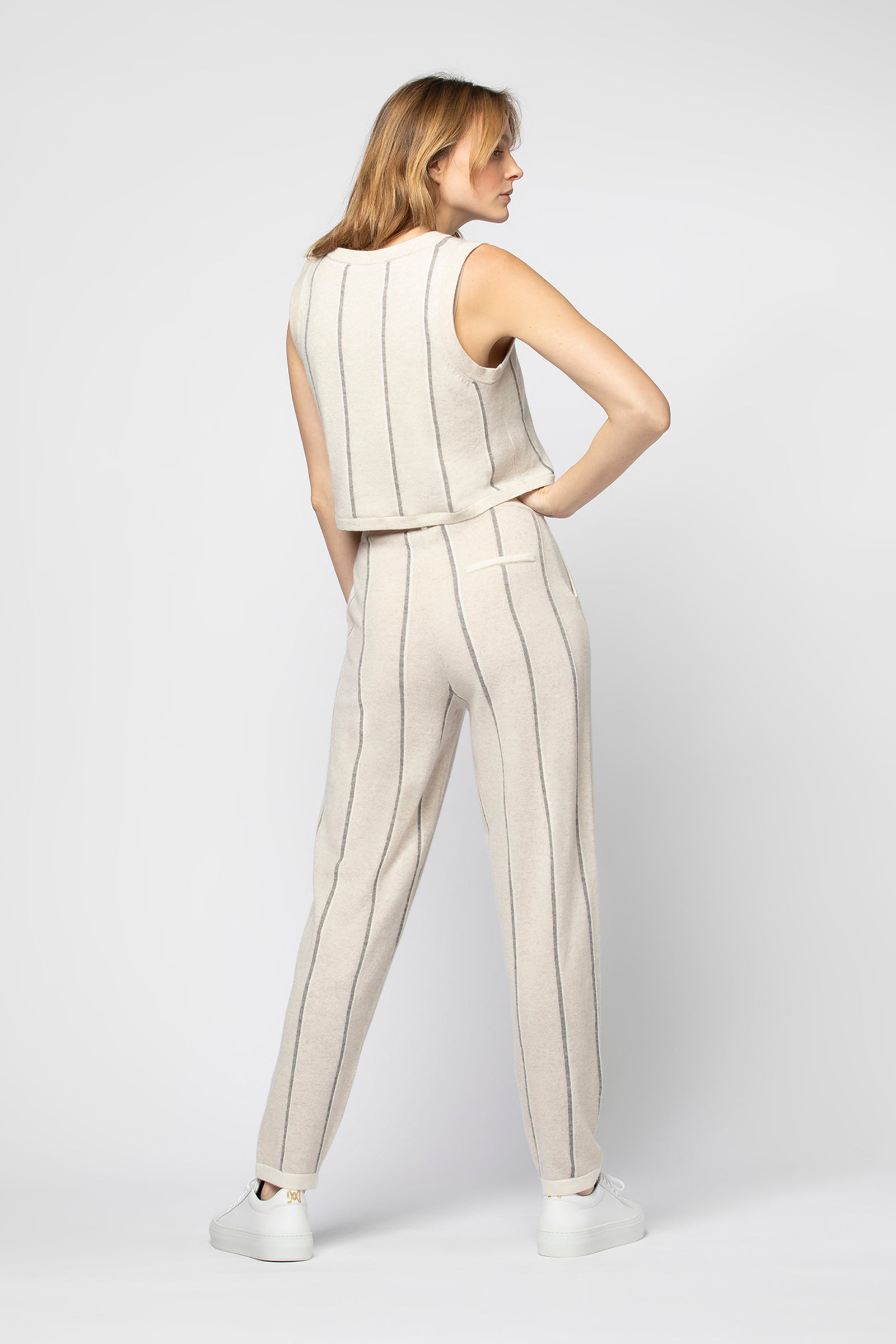 Pantalon BAXTER grège & blanc Laine Cachemire haut de gamme femme MAX&MOI