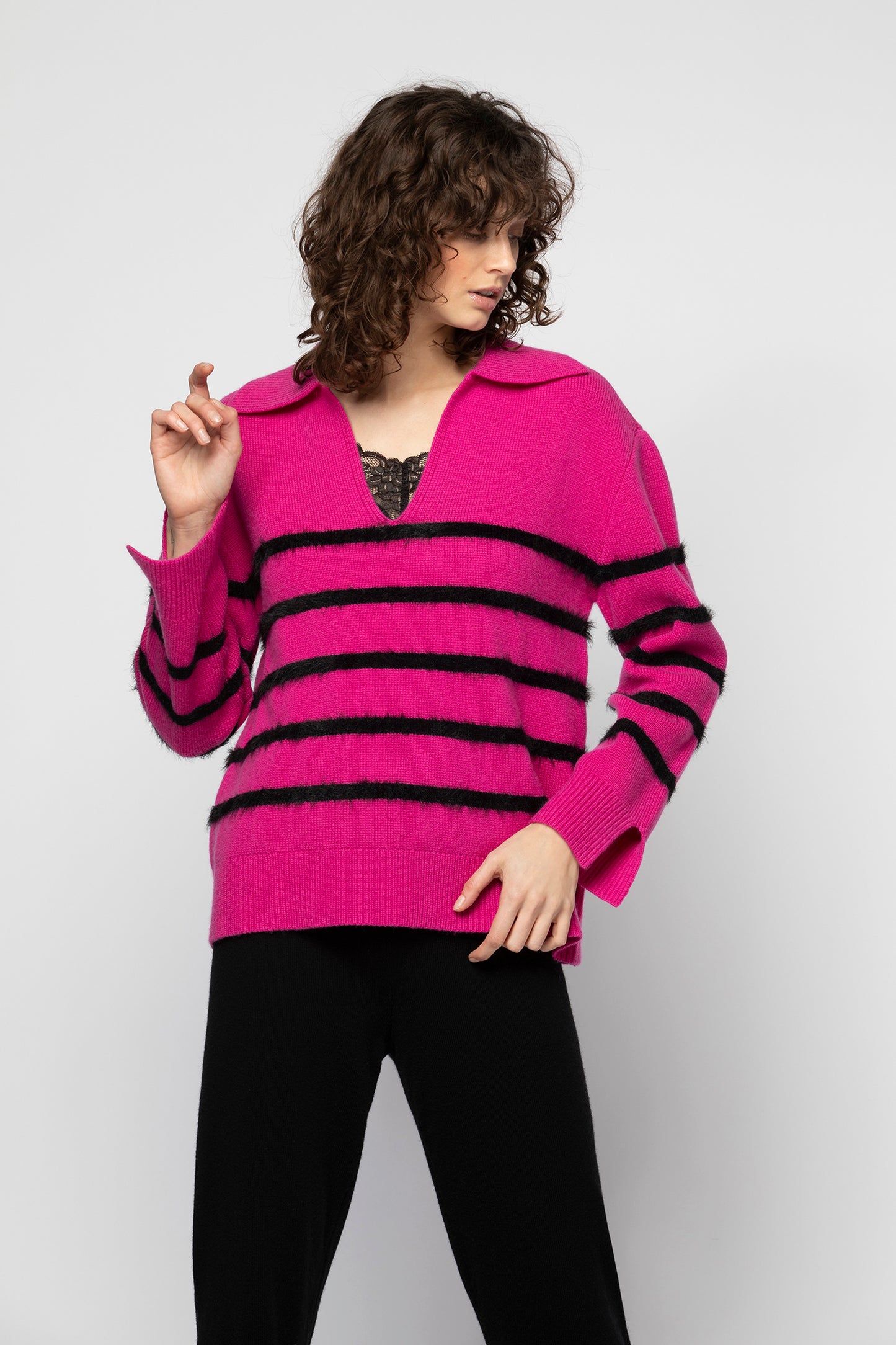 Pull PINTO fuchsia & noir Laine Cachemire haut de gamme femme MAX&MOI