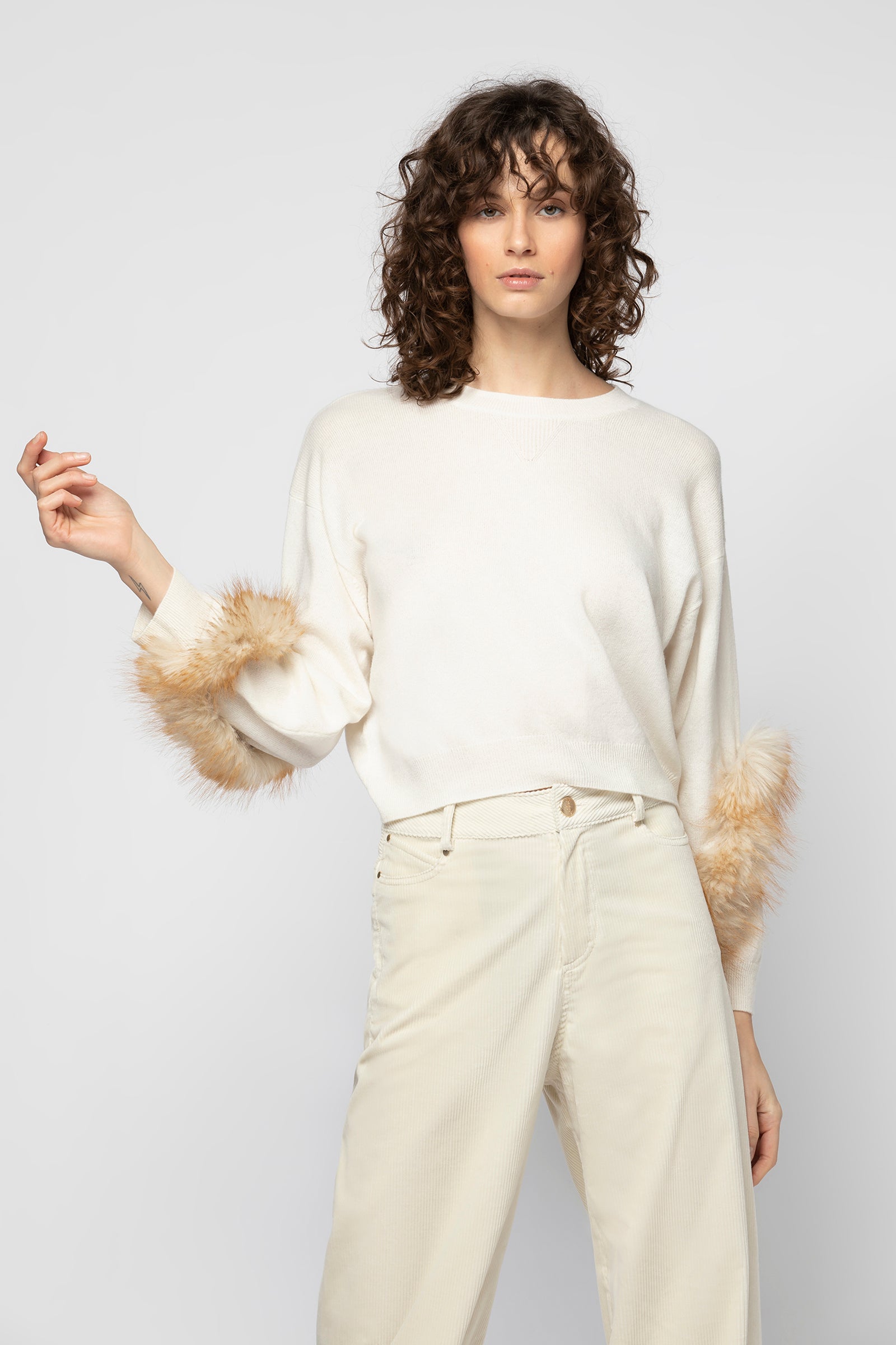 Pull PONS blanc Laine Cachemire fausse fourrure en polyester haut de gamme femme MAX&MOI